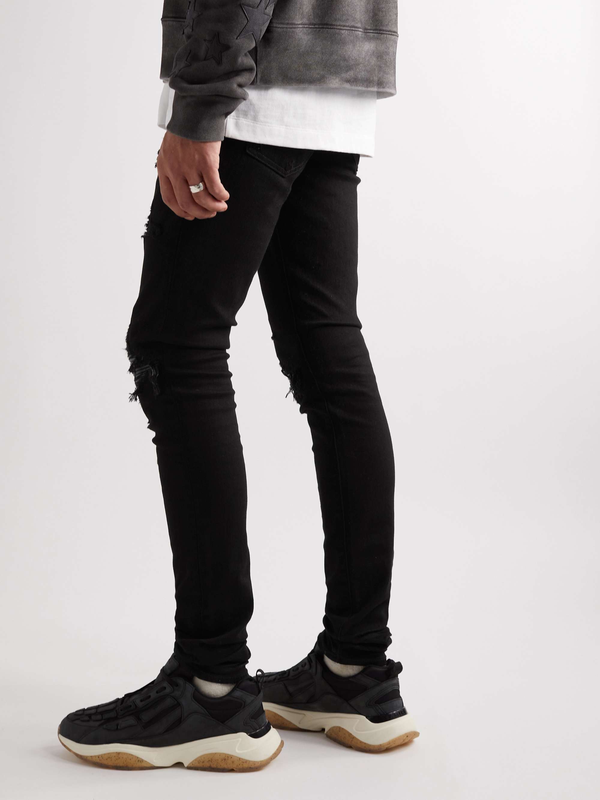 MX1 Skinny-Fit Leather-Panelled Distressed Jeans view