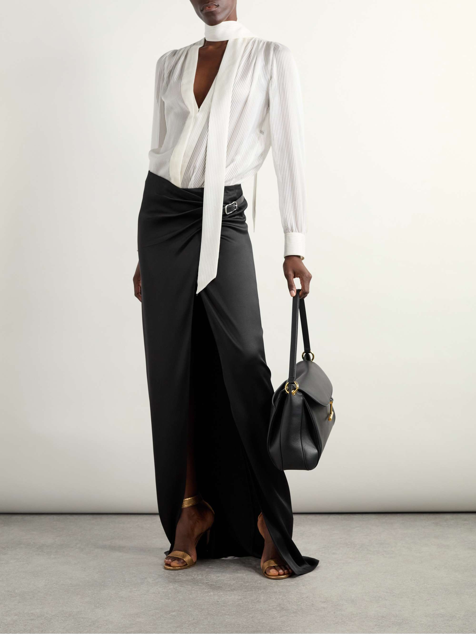 Leather-trimmed silk-satin maxi skirt view