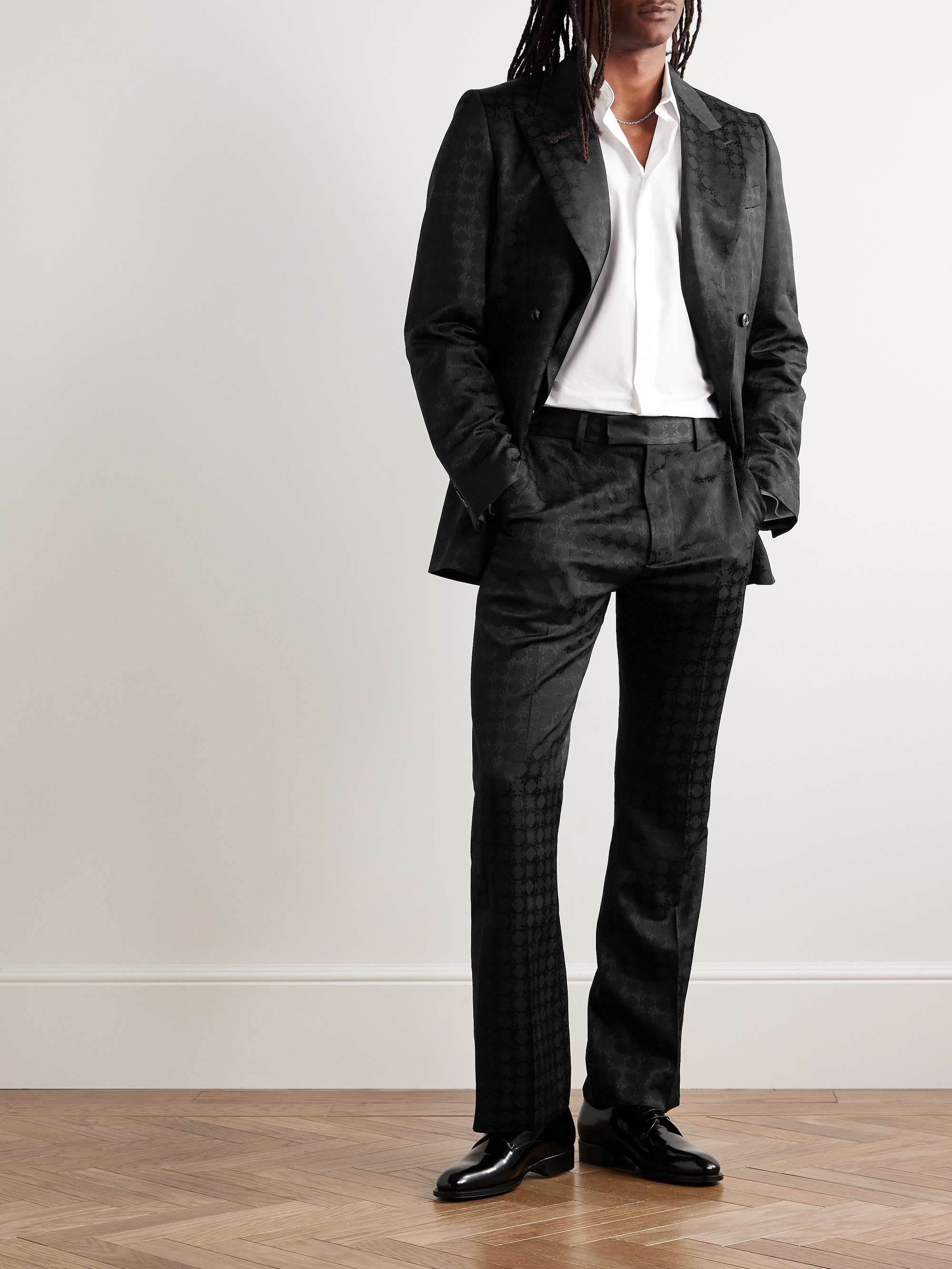 Quad Kick Slim-Fit Flared Satin-Jacquard Suit Trousers view