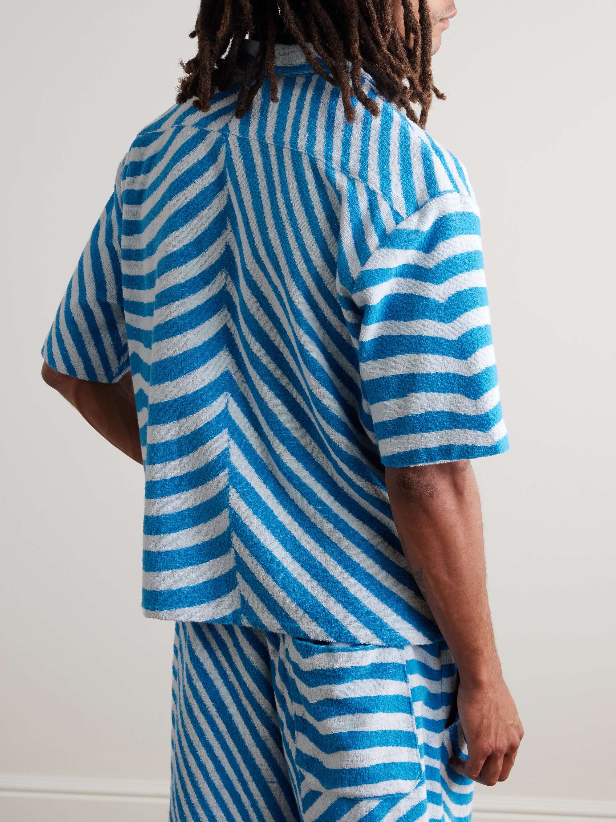 Camp-Collar Embroidered Striped Organic Cotton-Terry Shirt view