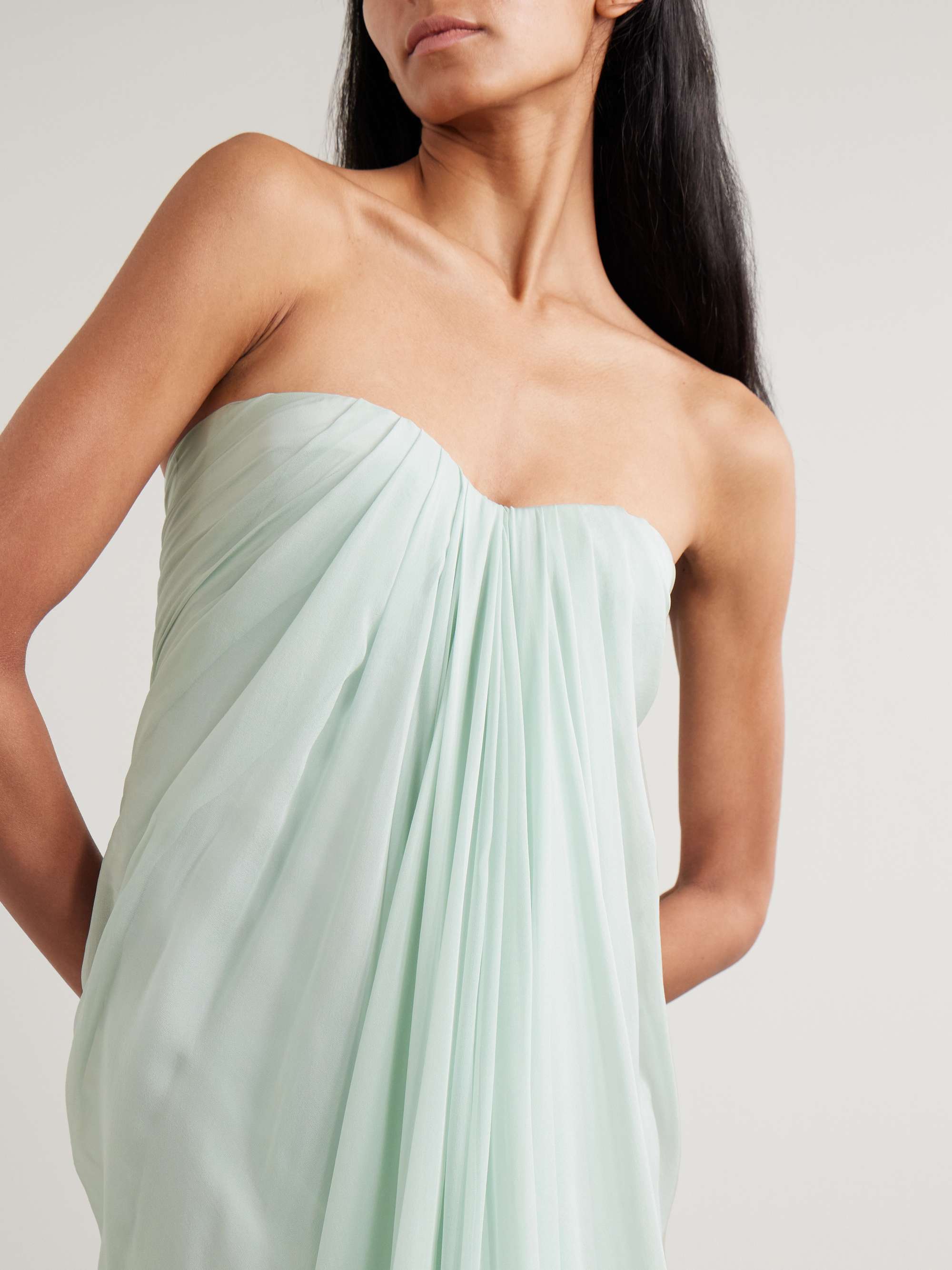 Strapless draped silk-chiffon bustier gown view