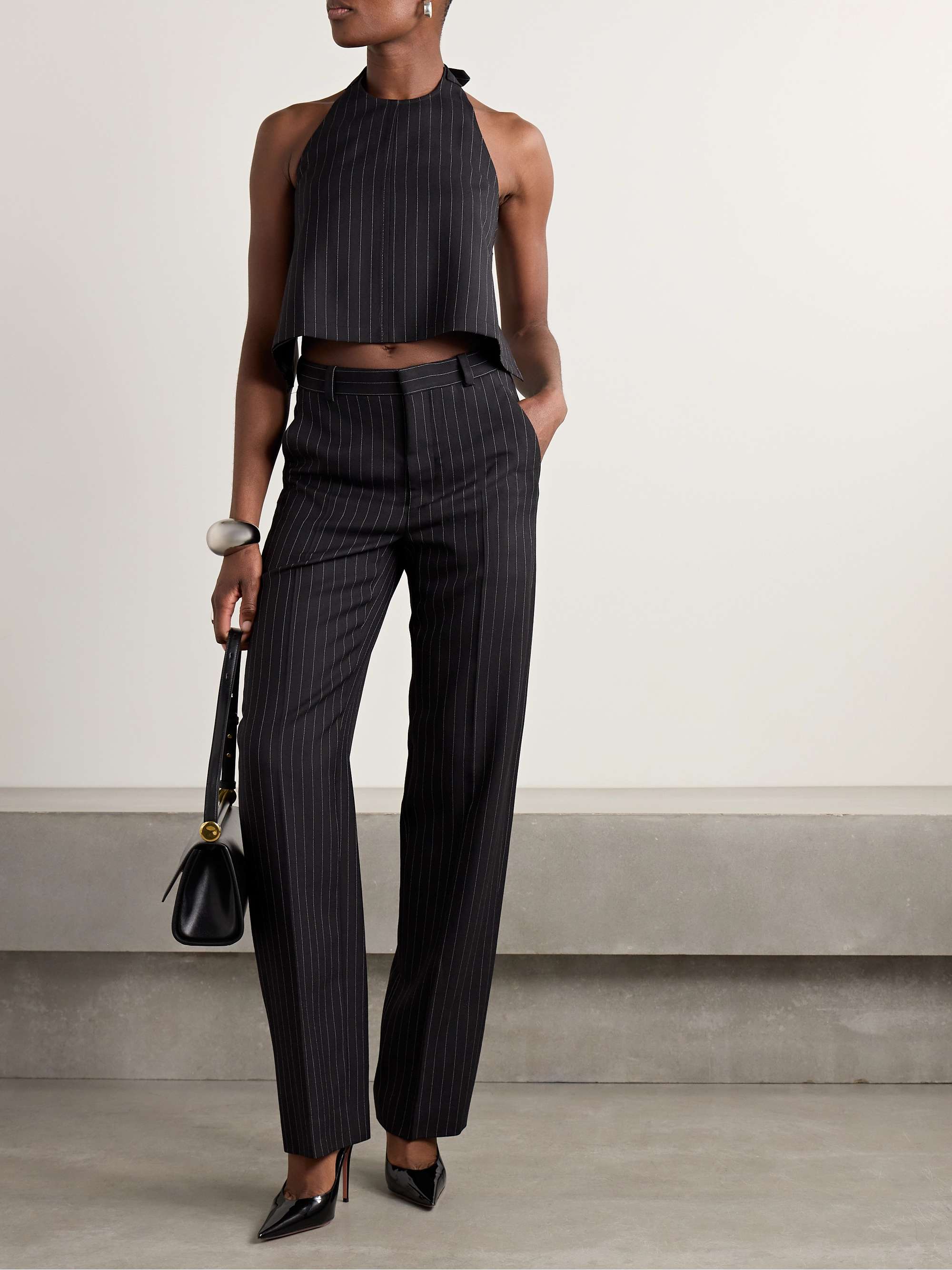 Open-back pinstriped wool-twill halterneck tank view