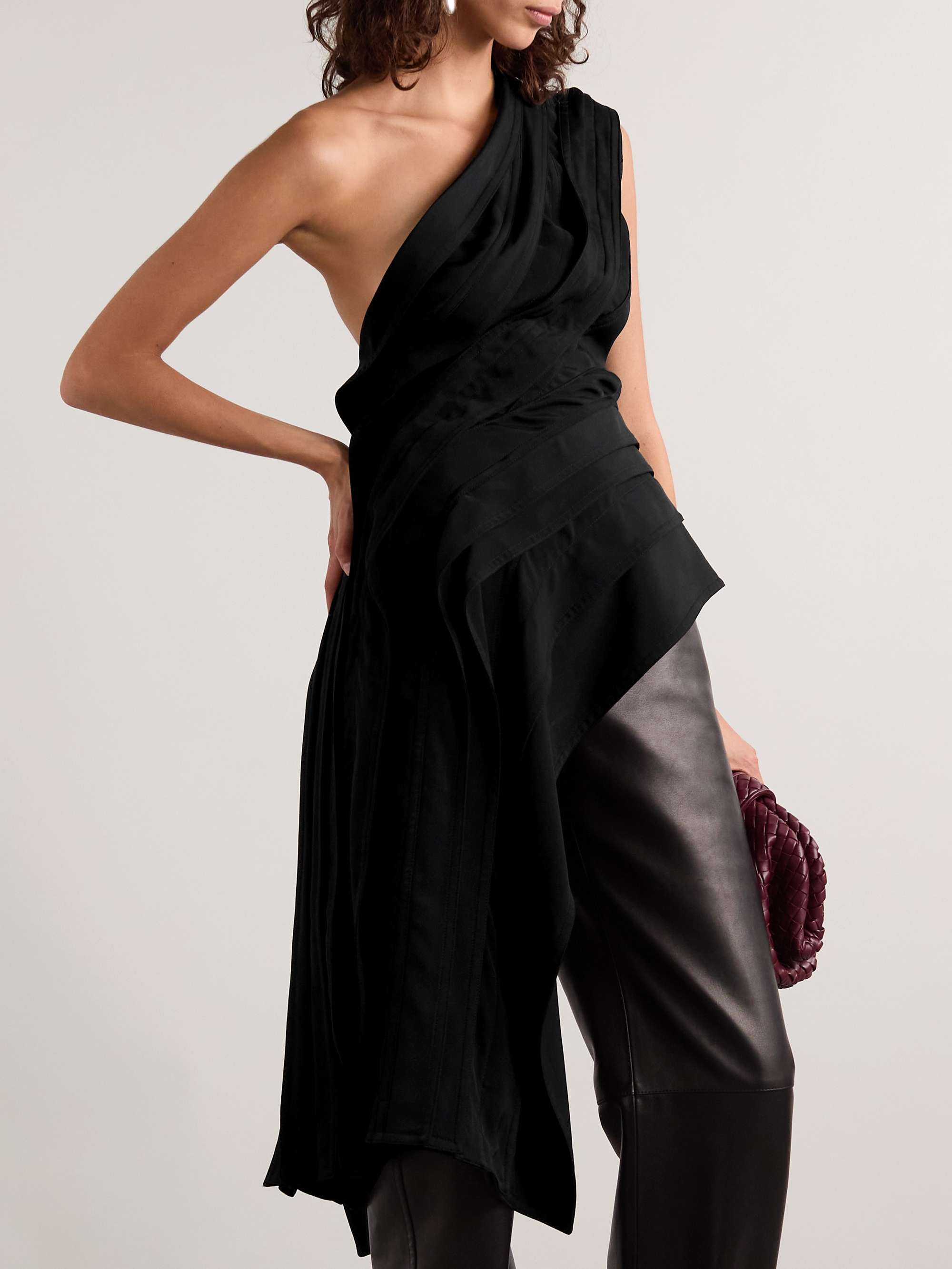 Asymmetric draped pleated crepe top view