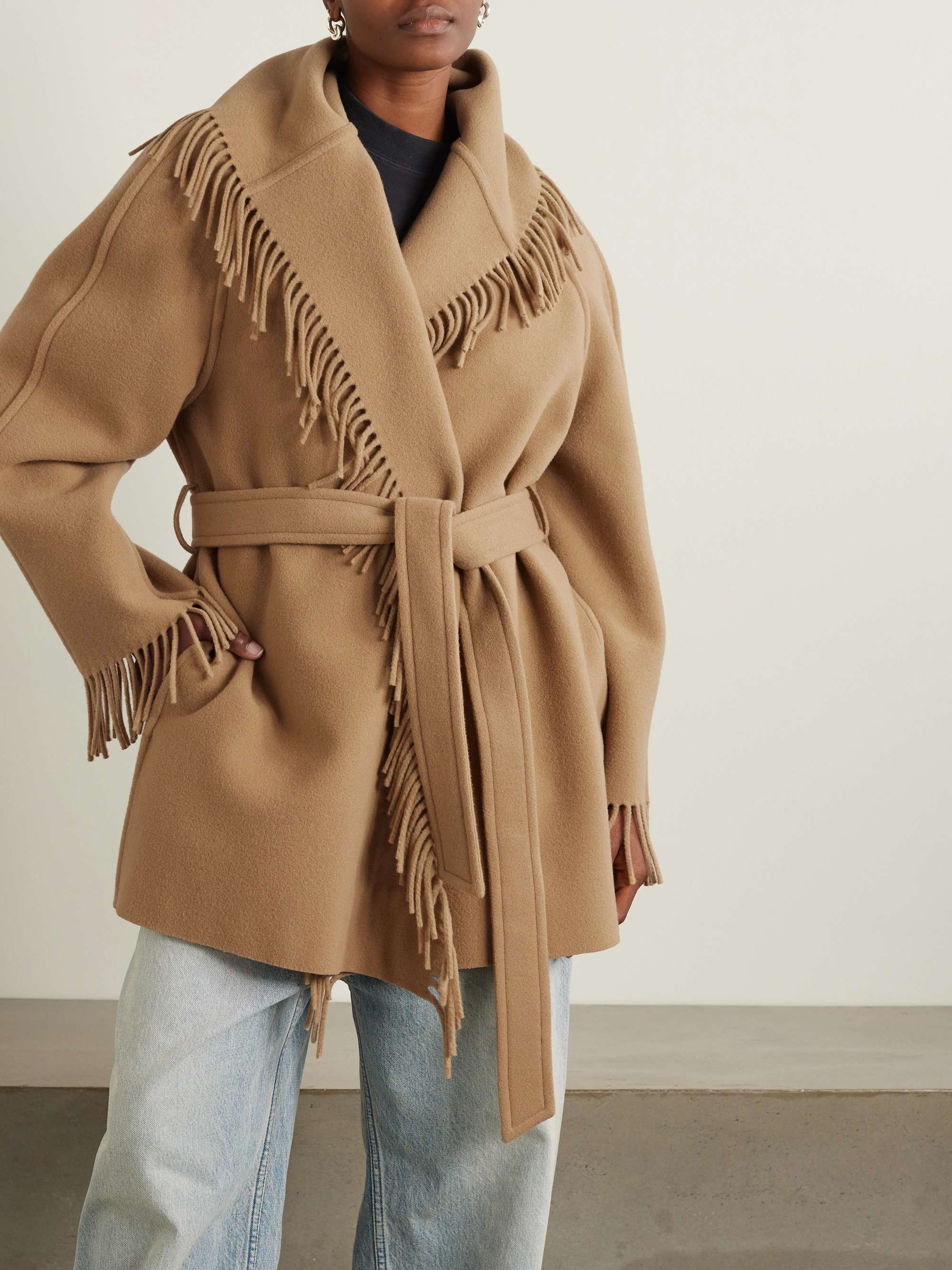 Belted fringed wool jacket view