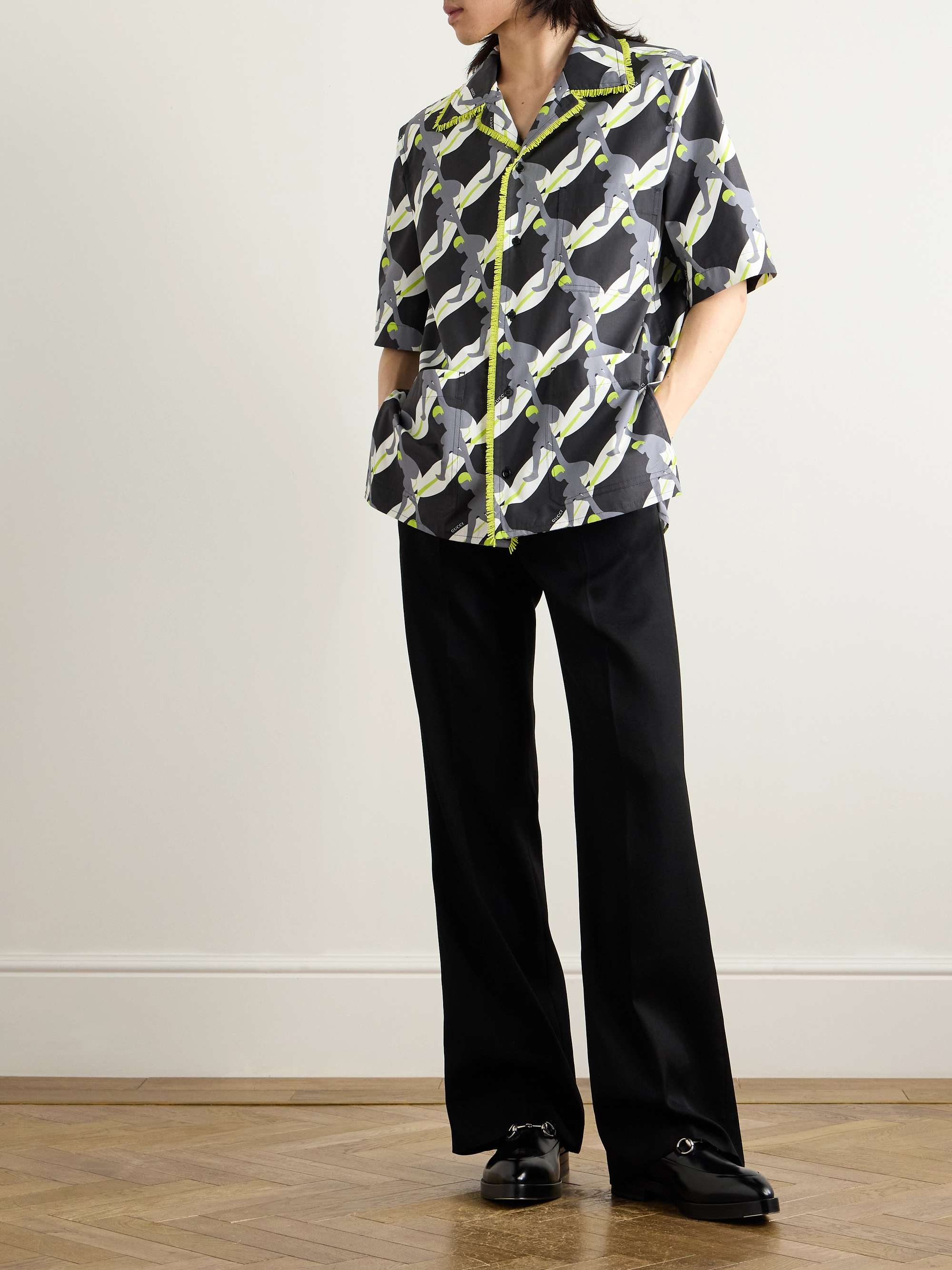Camp-Collar Fringed Printed Cotton-Poplin Shirt view