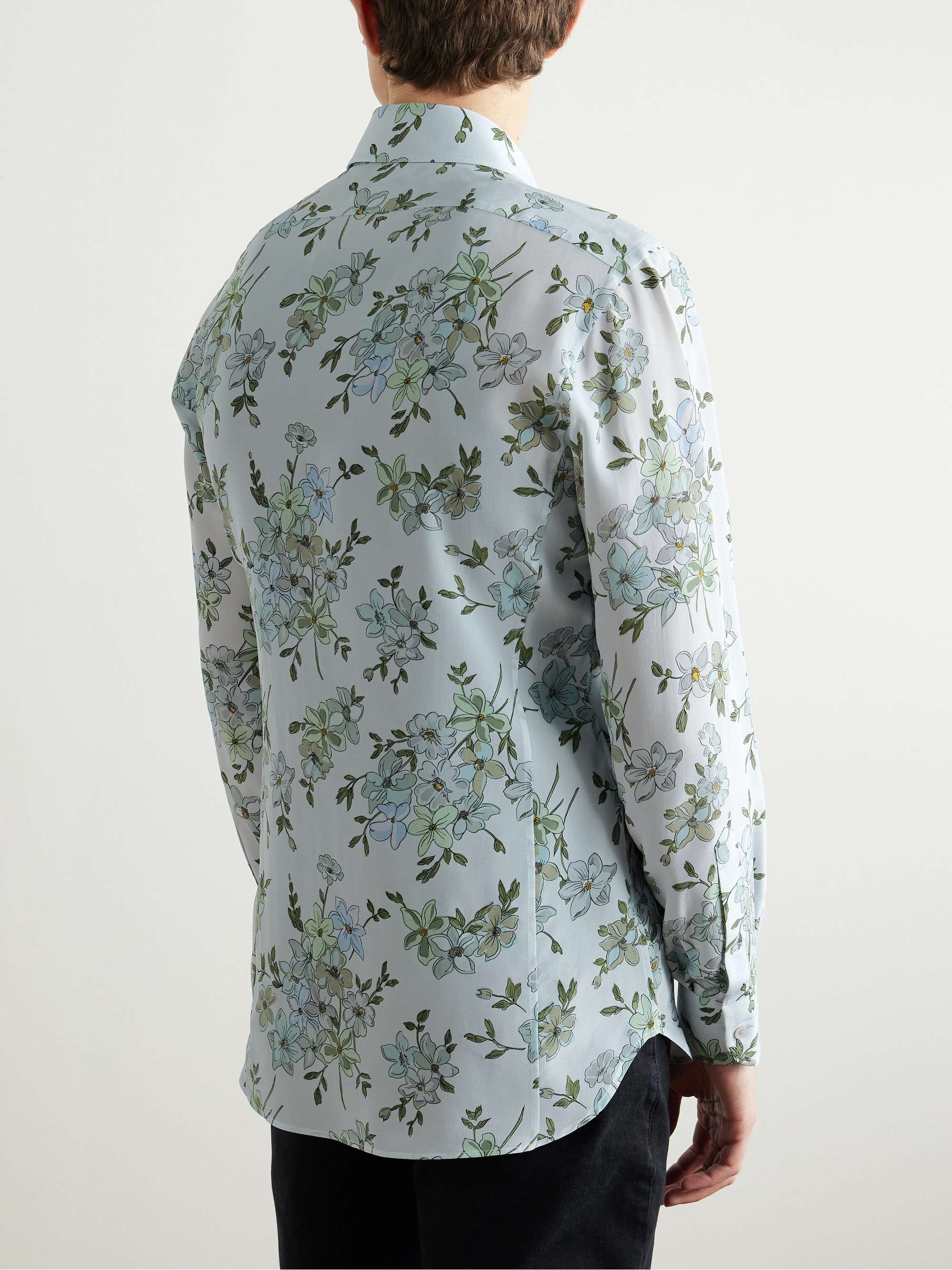 Slim-Fit Floral-Print Silk-Crepe Shirt view