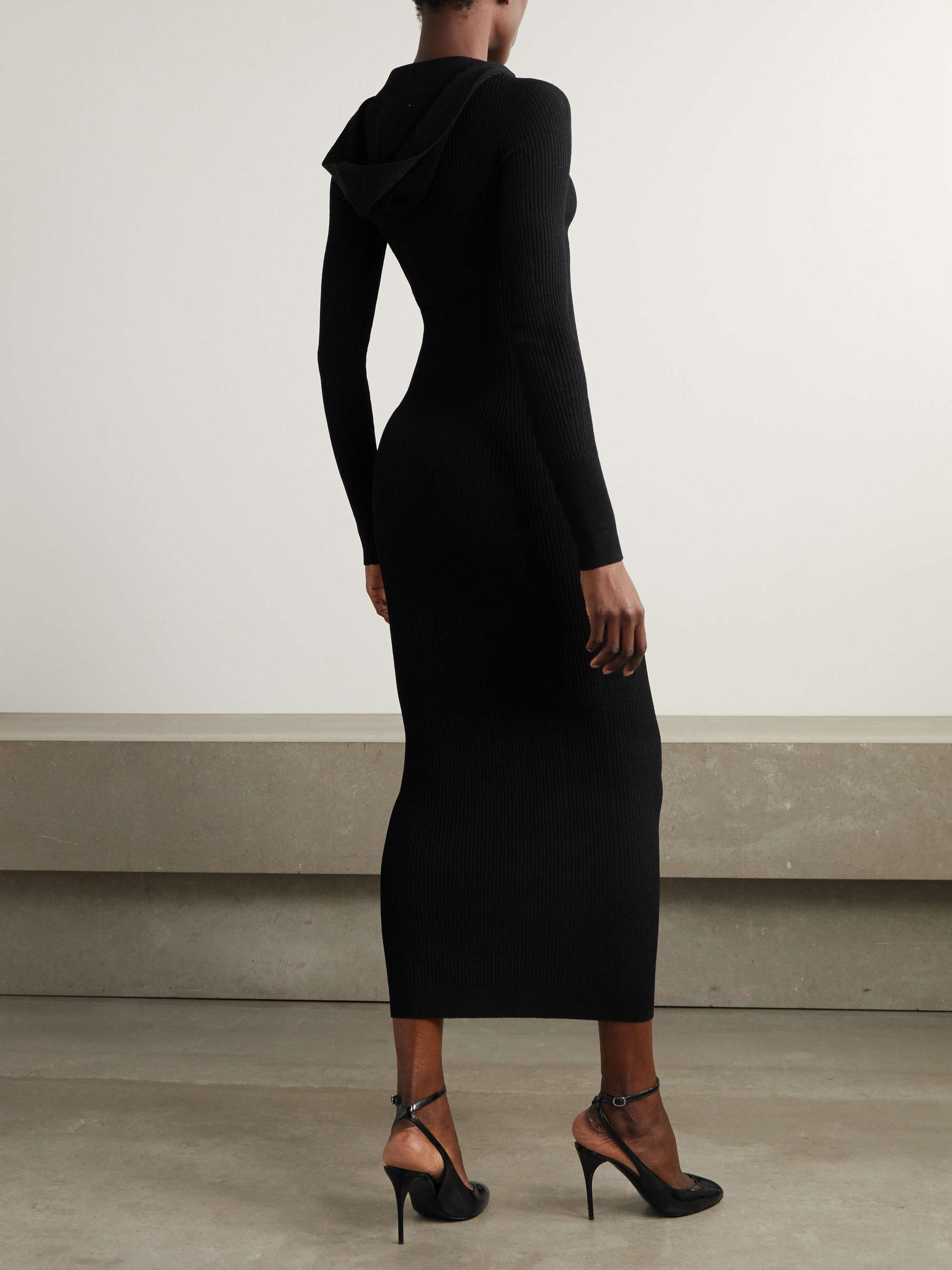 Hooded ribbed-knit midi dress view
