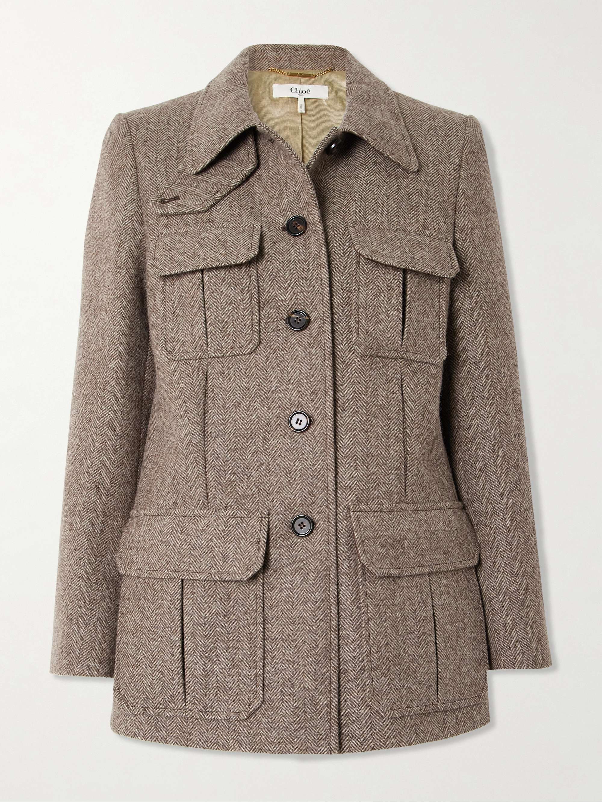 Leather-trimmed herringbone wool jacket view