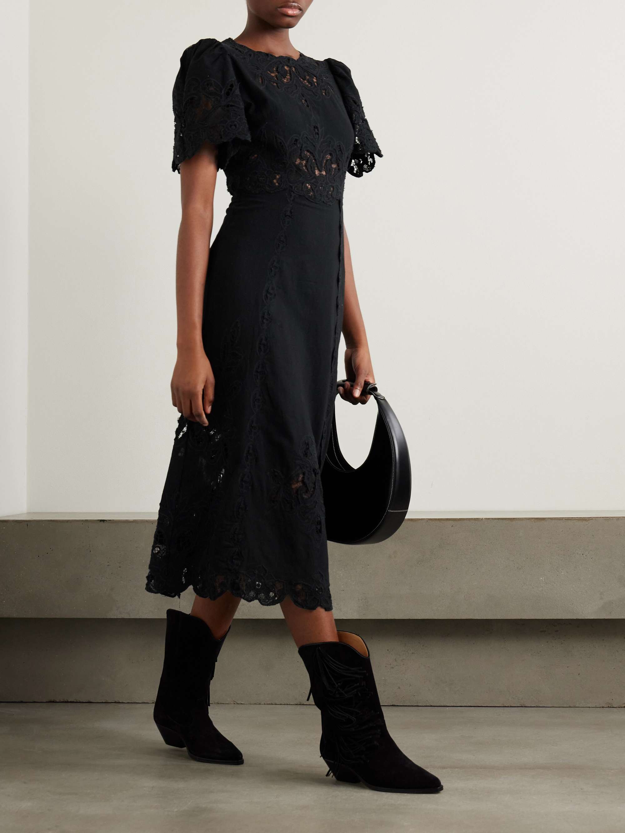 Gianna lace-trimmed embroidered cotton and linen-blend midi dress view