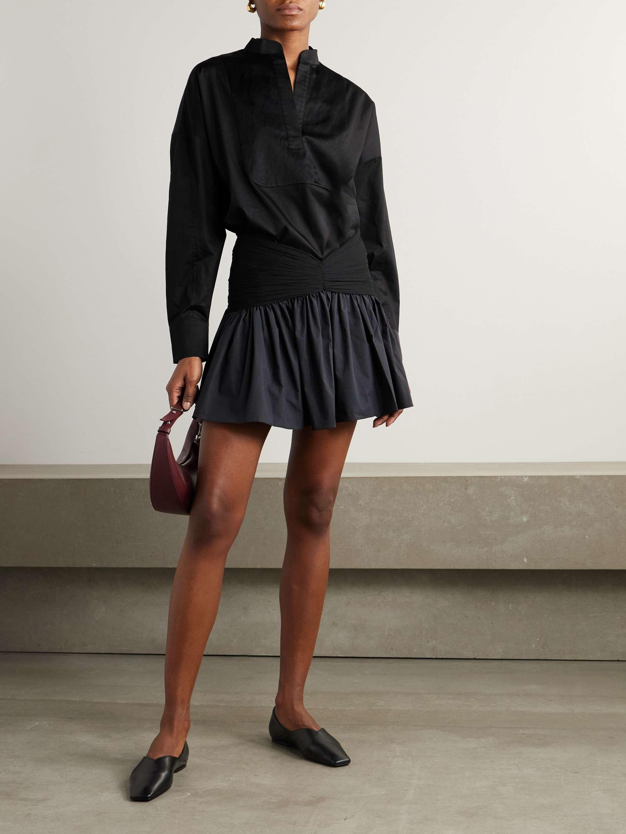Ruched chiffon-trimmed poplin mini skirt view