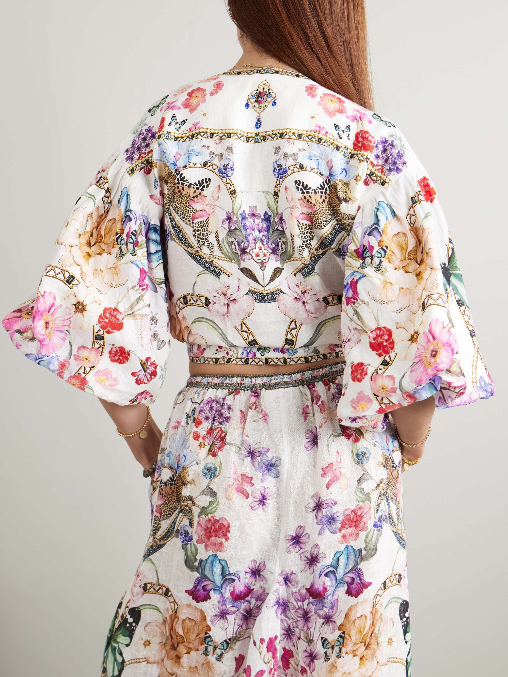Monserrate Magic cropped tie-front crystal-embellished printed linen top view