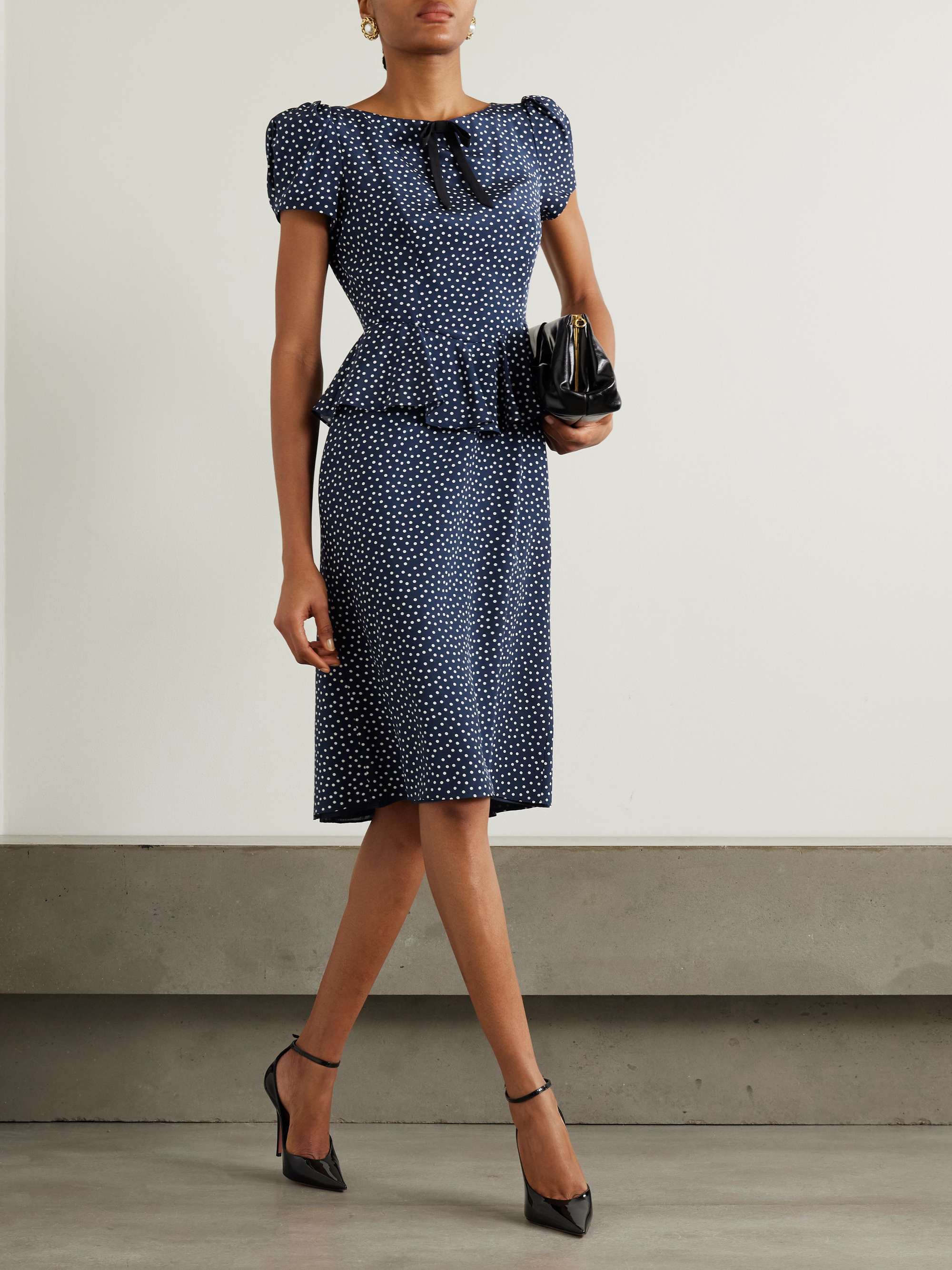 Bow-detailed ruffled polka-dot silk midi dress view