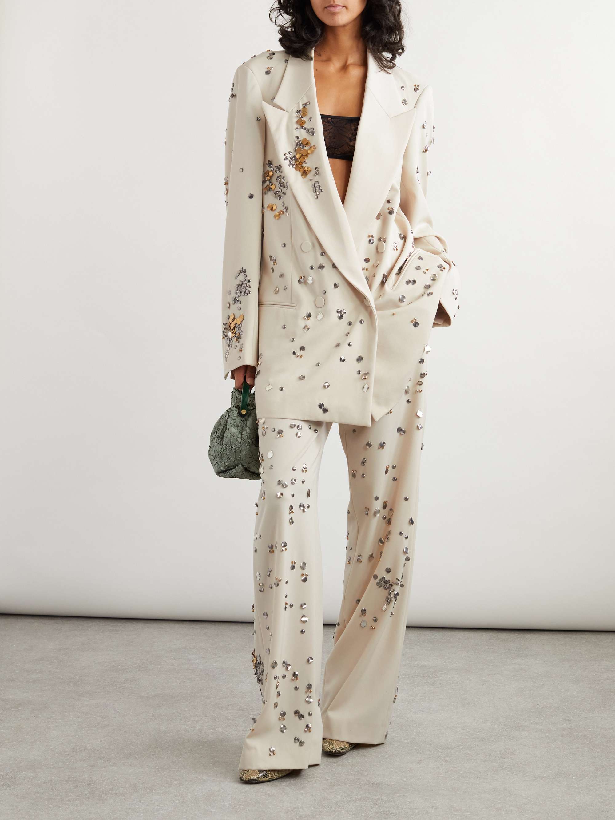 Double-breasted embellished wool-twill blazer view