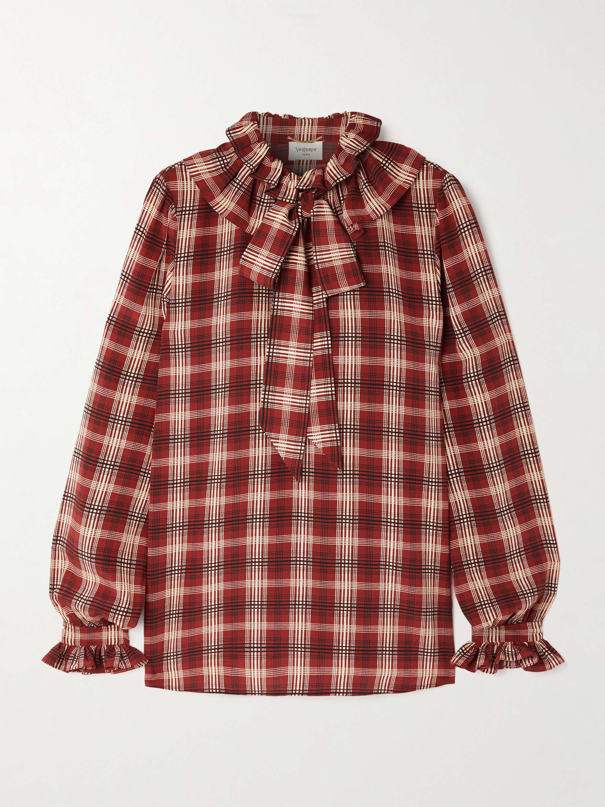 Pussy-bow ruched checked silk blouse view