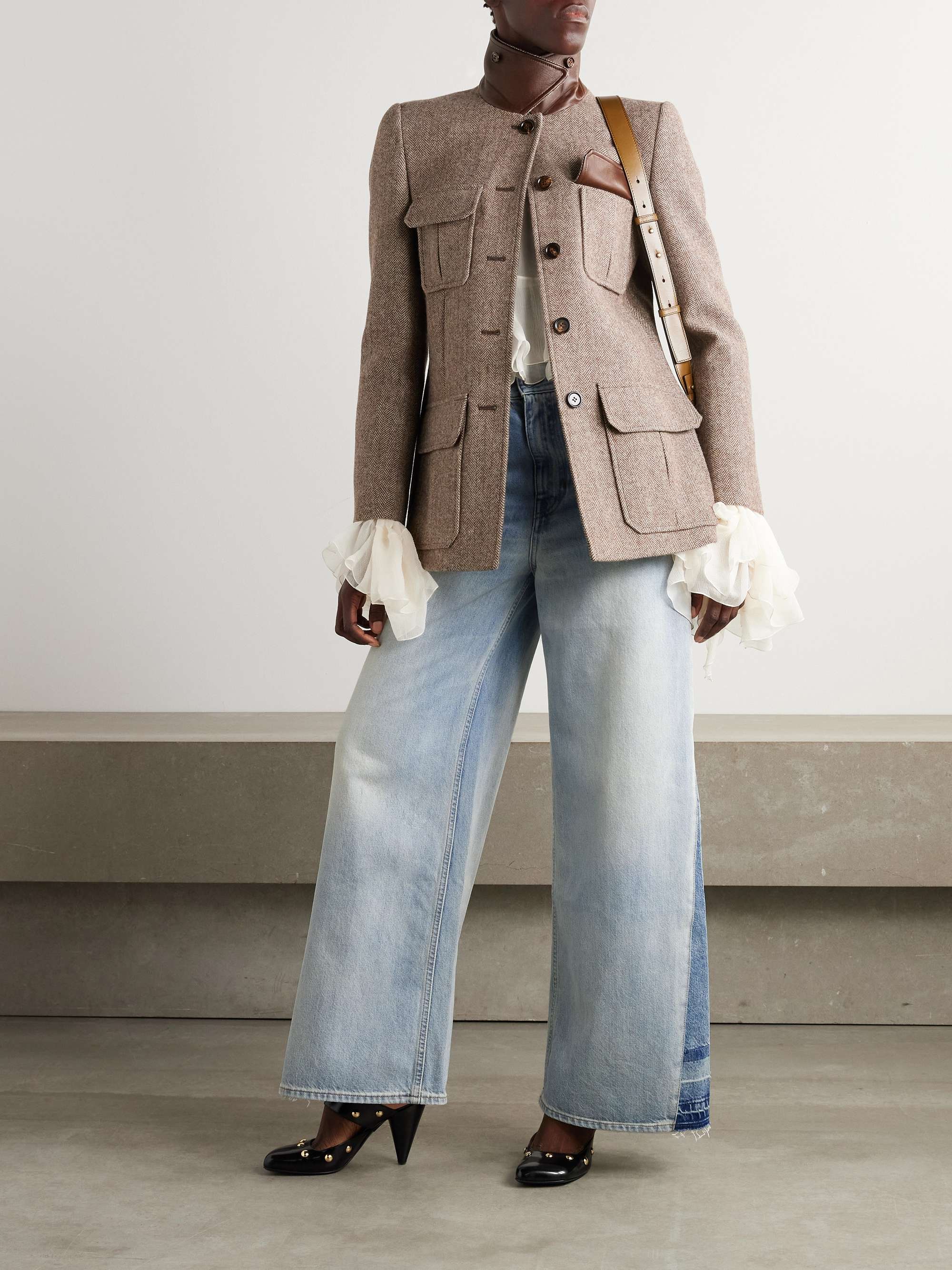 Leather-trimmed herringbone wool jacket view
