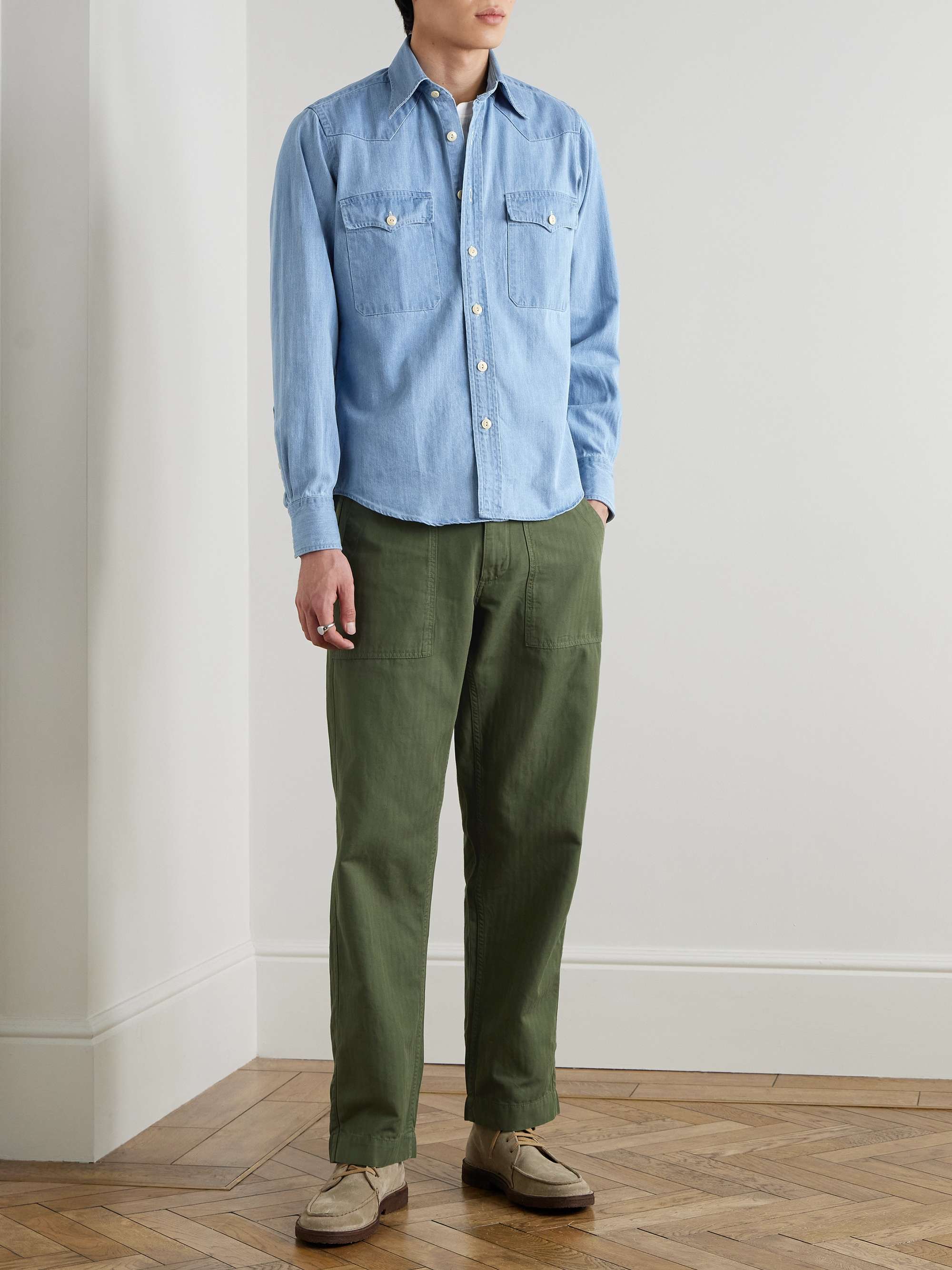 Tapered Herringbone Cotton and Linen-Blend Twill Trousers view