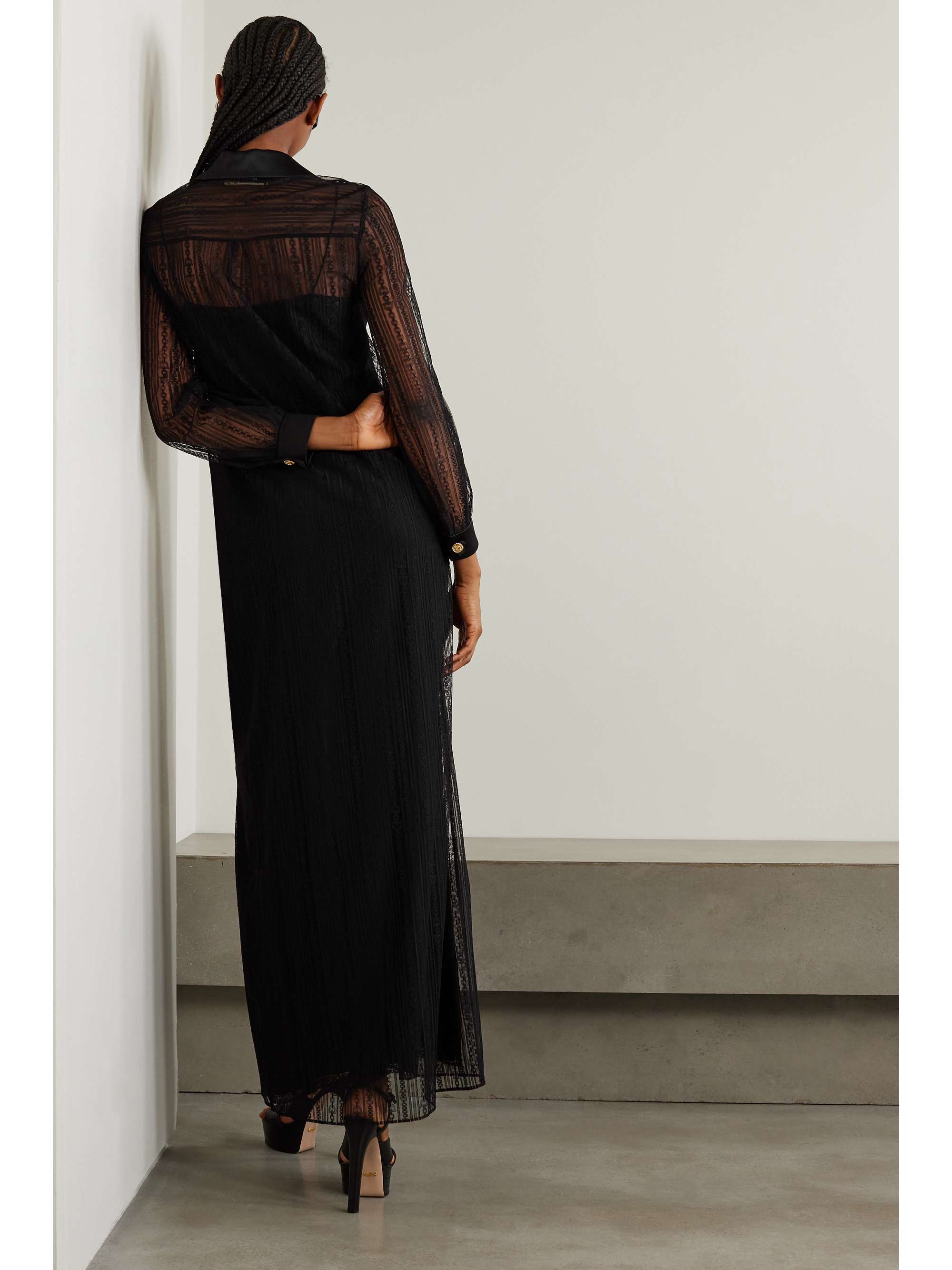 Button-embellished leather-trimmed lace maxi dress view