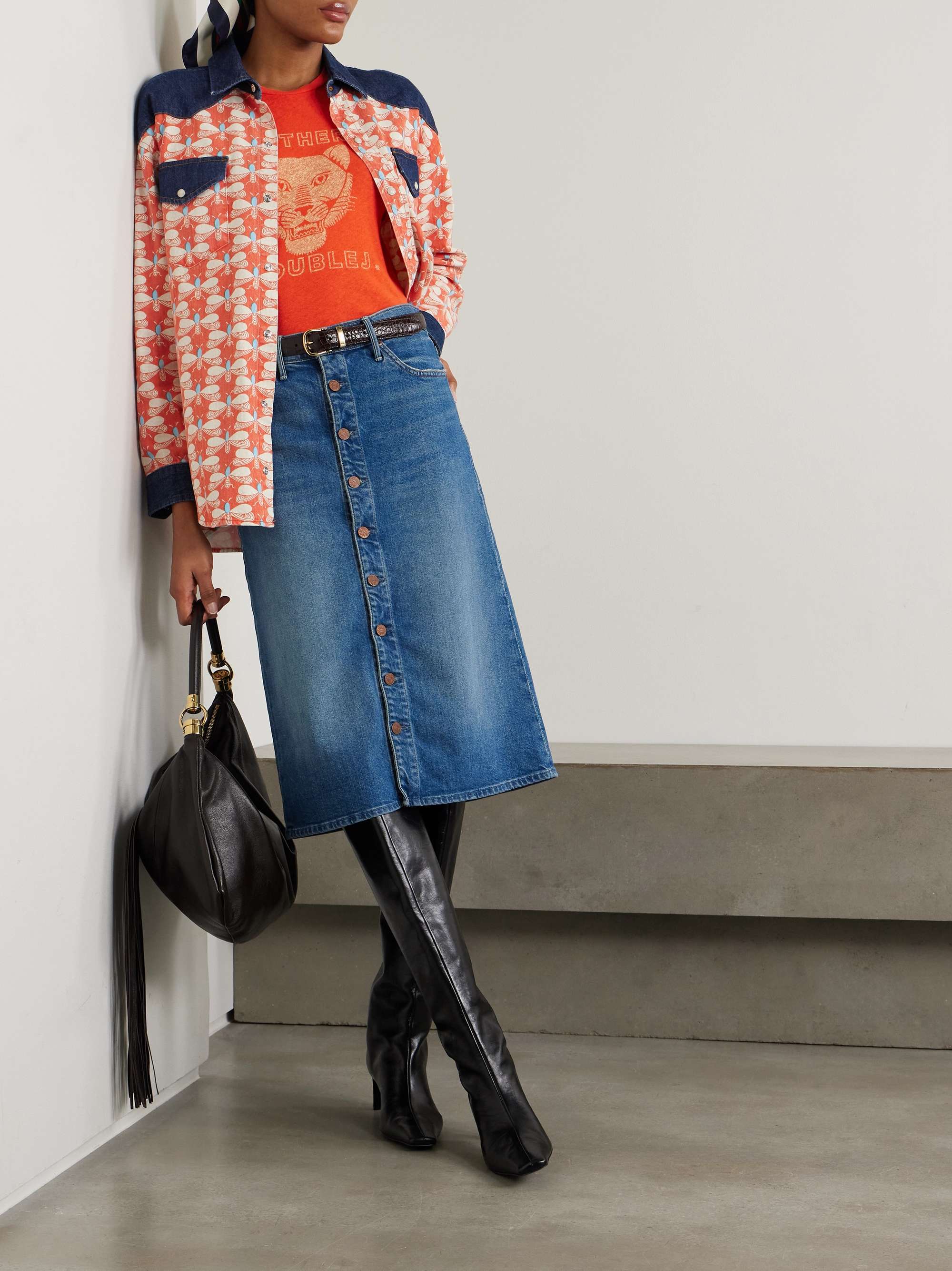 + La DoubleJ The Button Vagabond embroidered denim midi skirt view