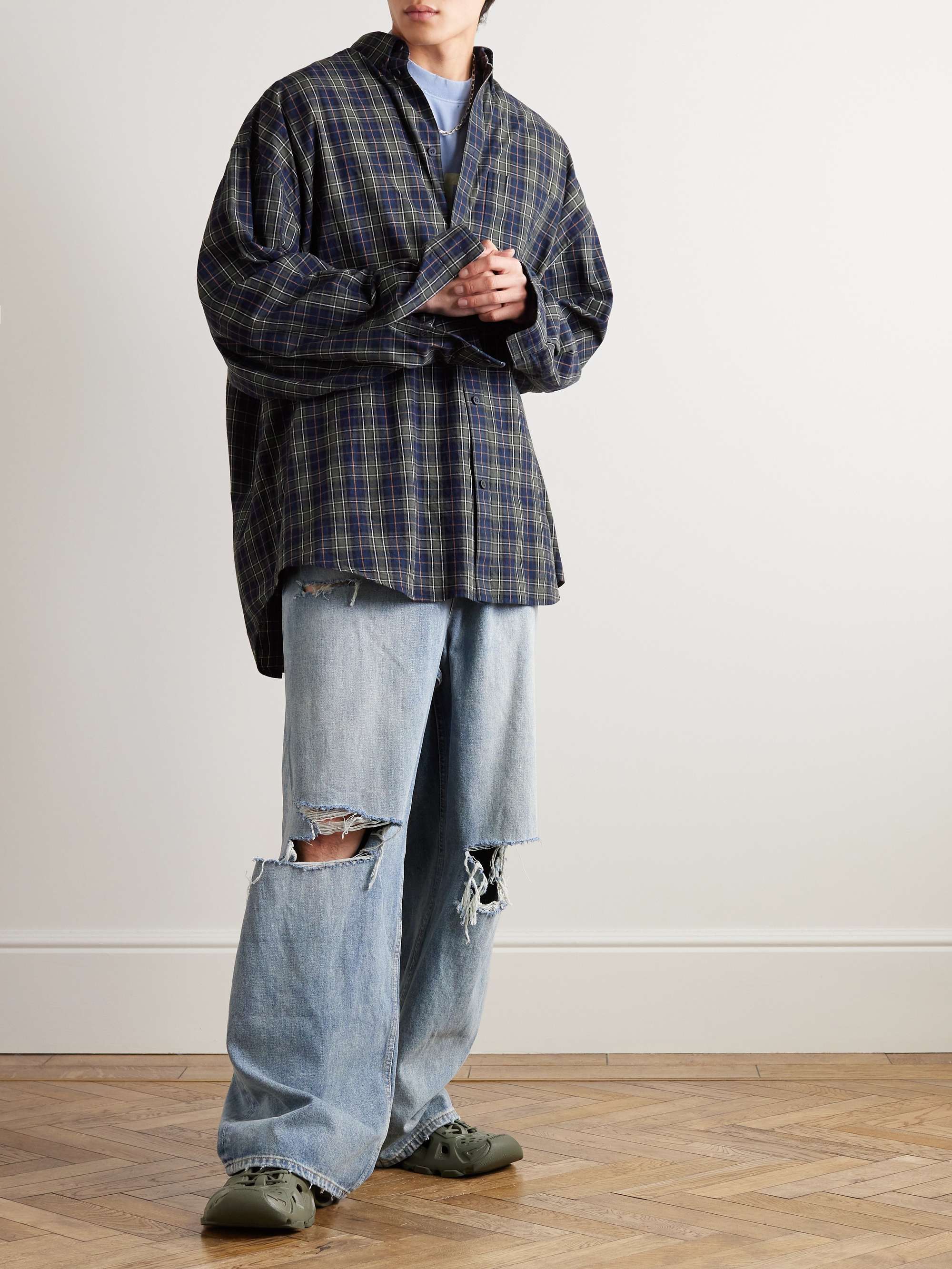 Oversized Button-Down Collar Logo-Print Checked Cotton-Flannel Shirt view