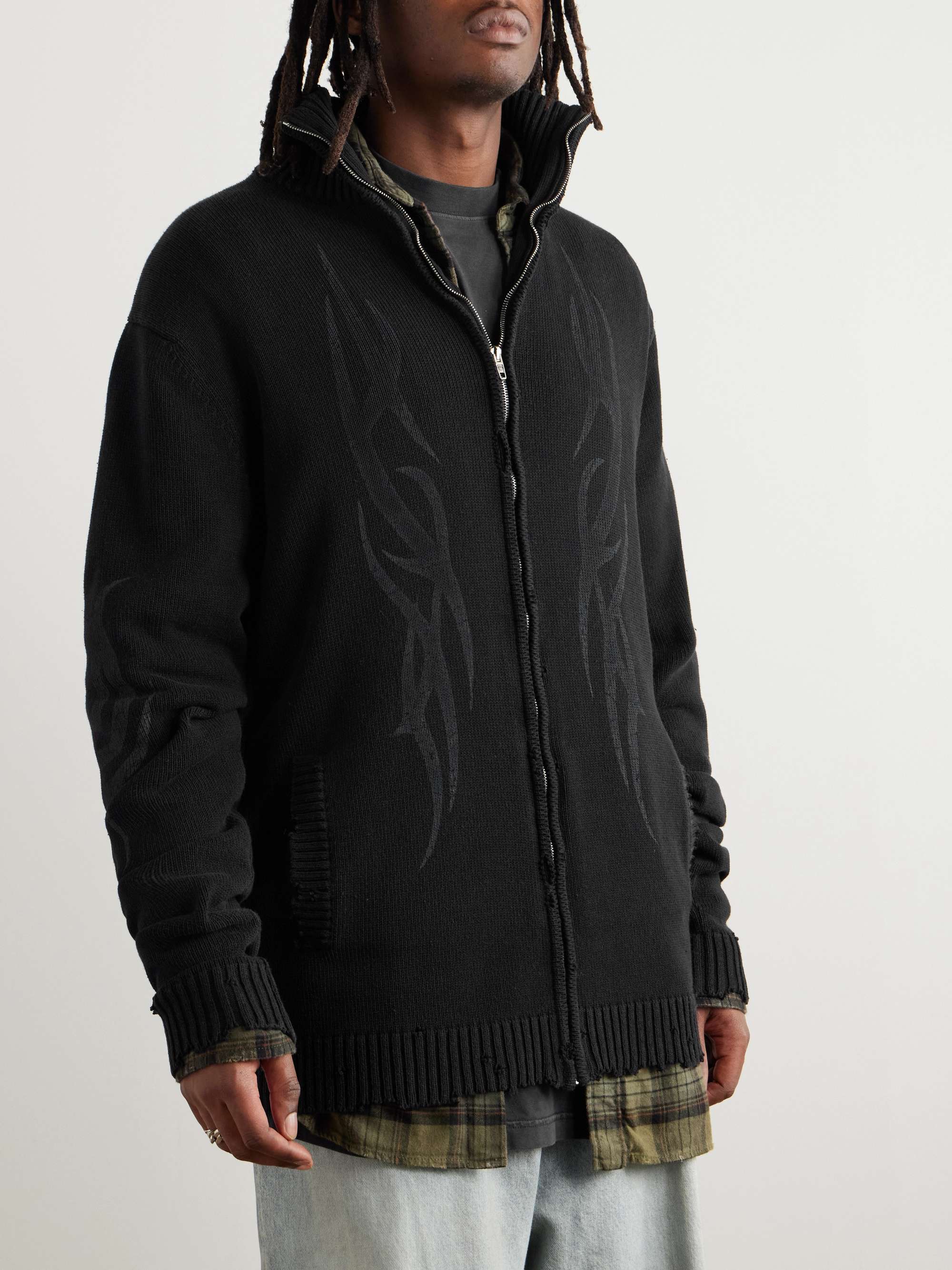 Oversized Distressed Printed Knitted Zip-Up Cardigan view