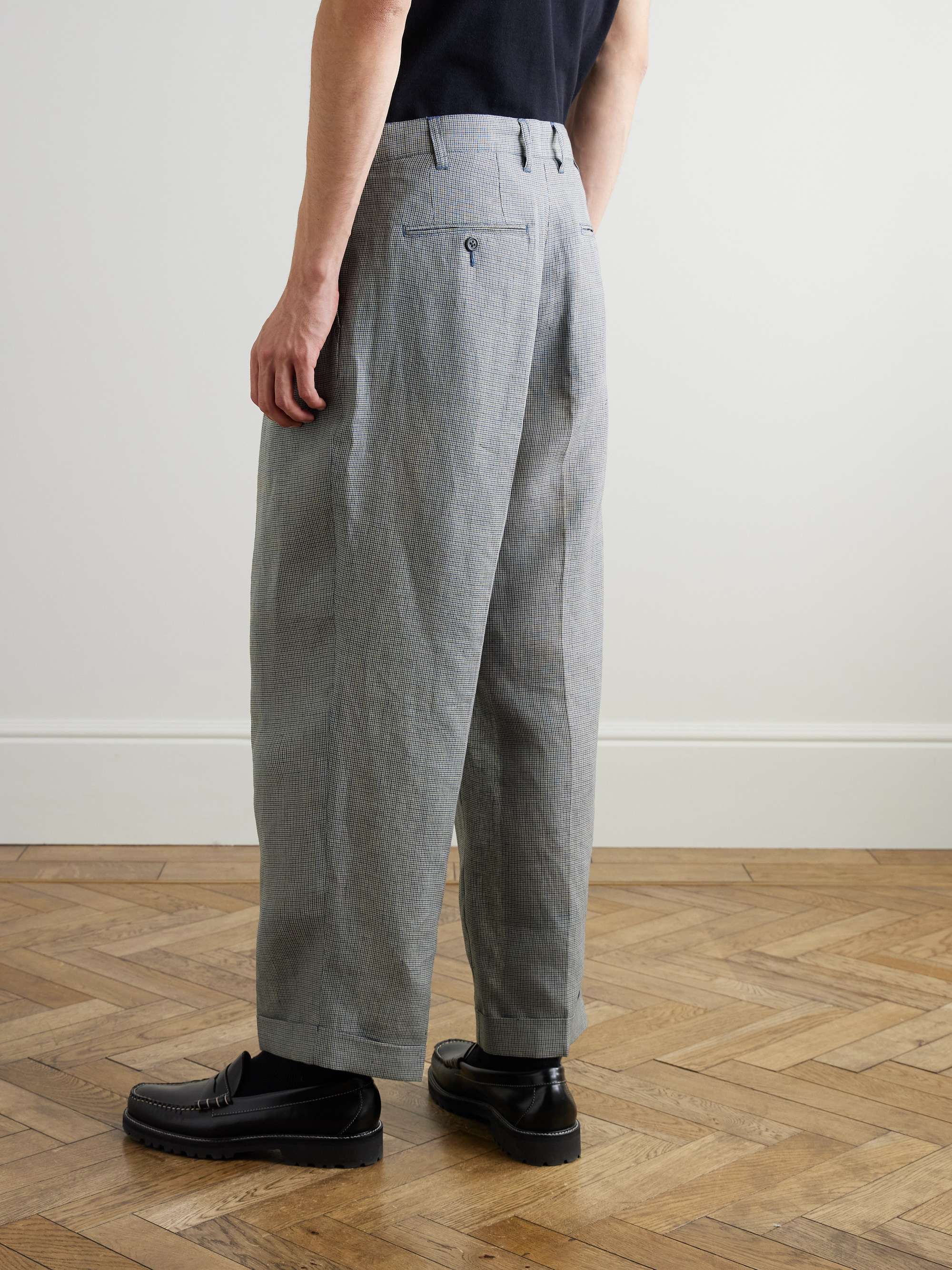 Straight-Leg Pleated Checked Linen and Cupro-Blend Trousers view