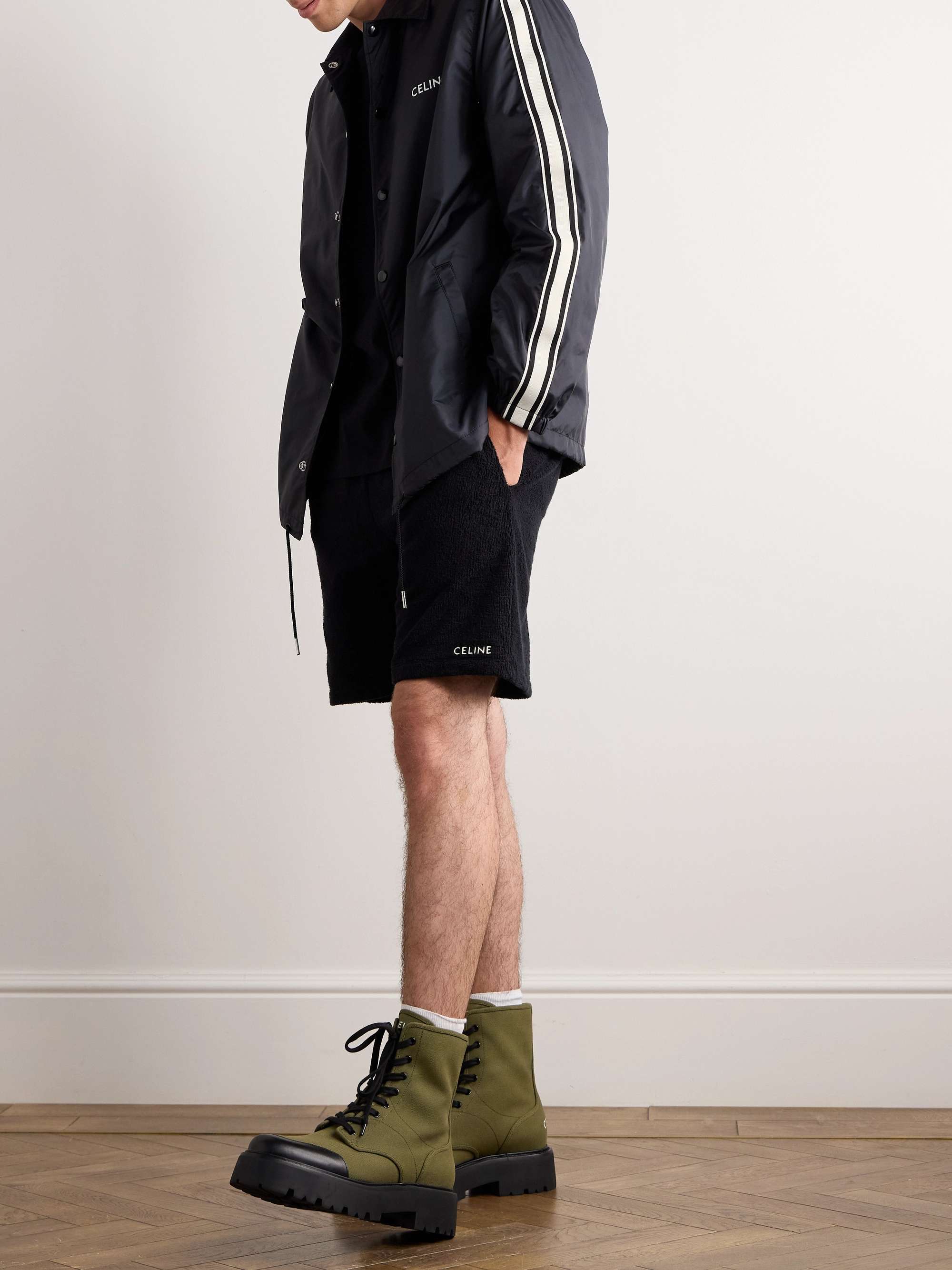 Straight-Leg Distressed Logo-Print Cotton-Jersey Drawstring Shorts view