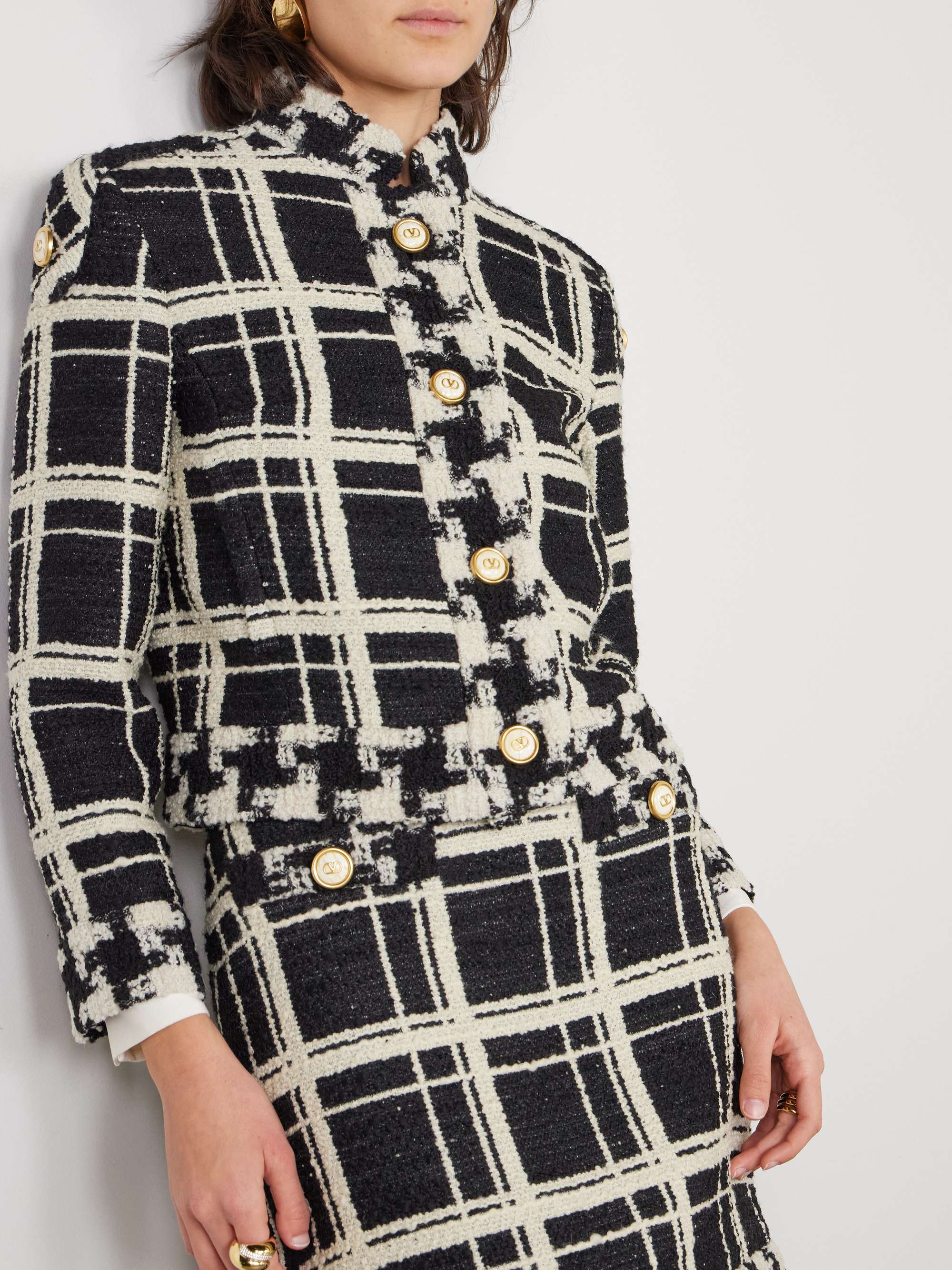 Cropped checked wool-blend tweed jacket view