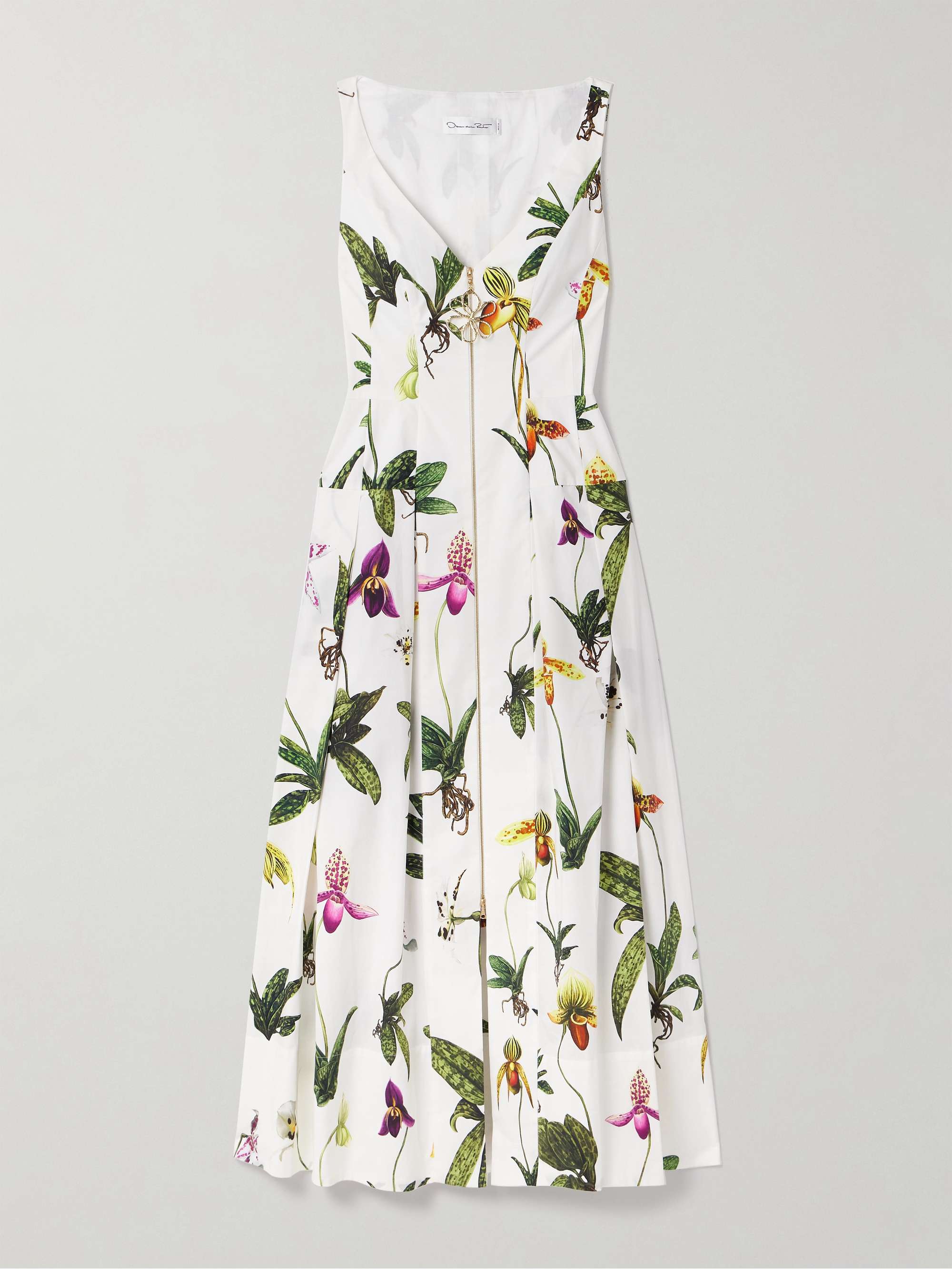 Pleated floral-print cotton-blend poplin midi dress view