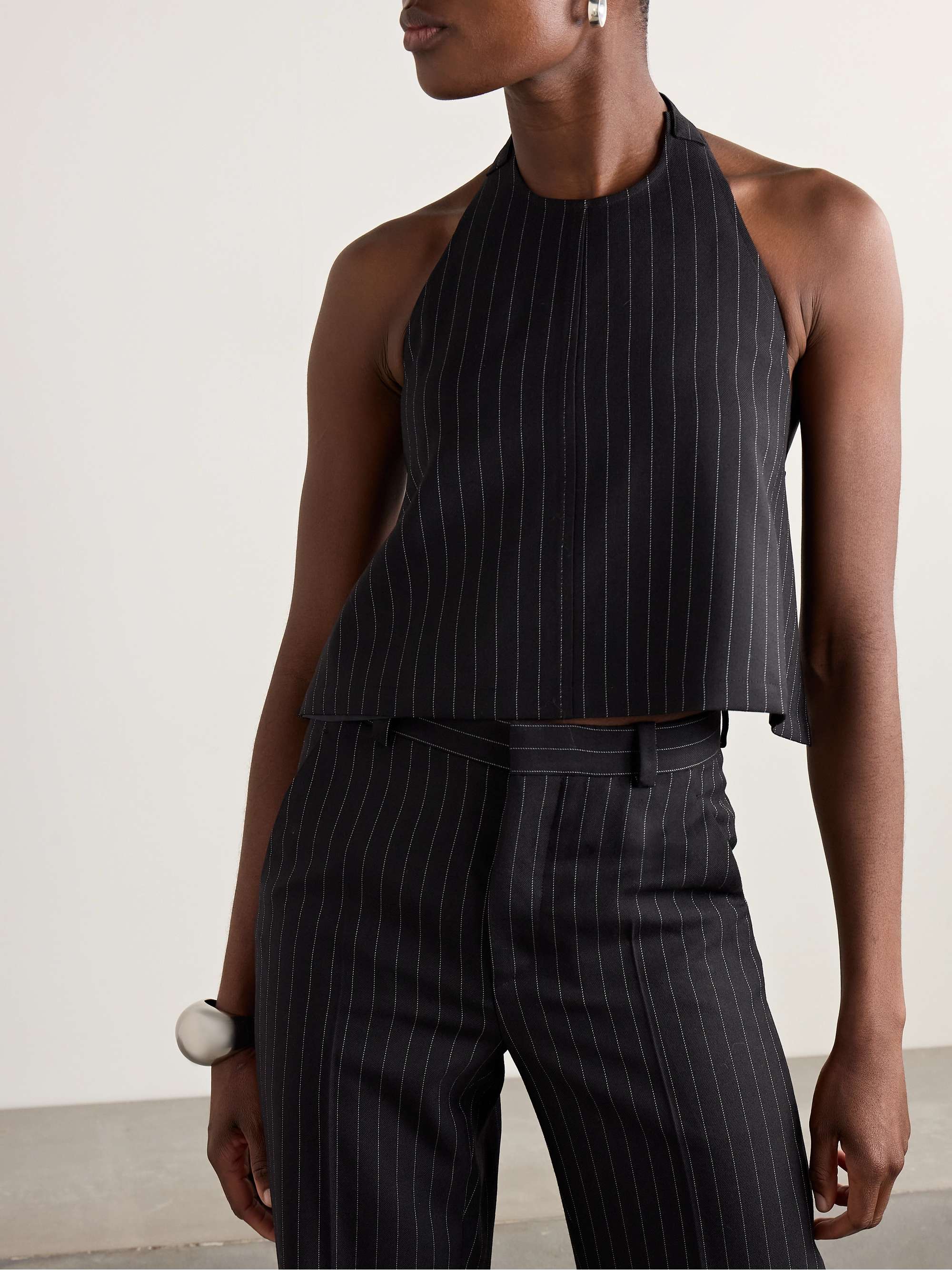 Open-back pinstriped wool-twill halterneck tank view