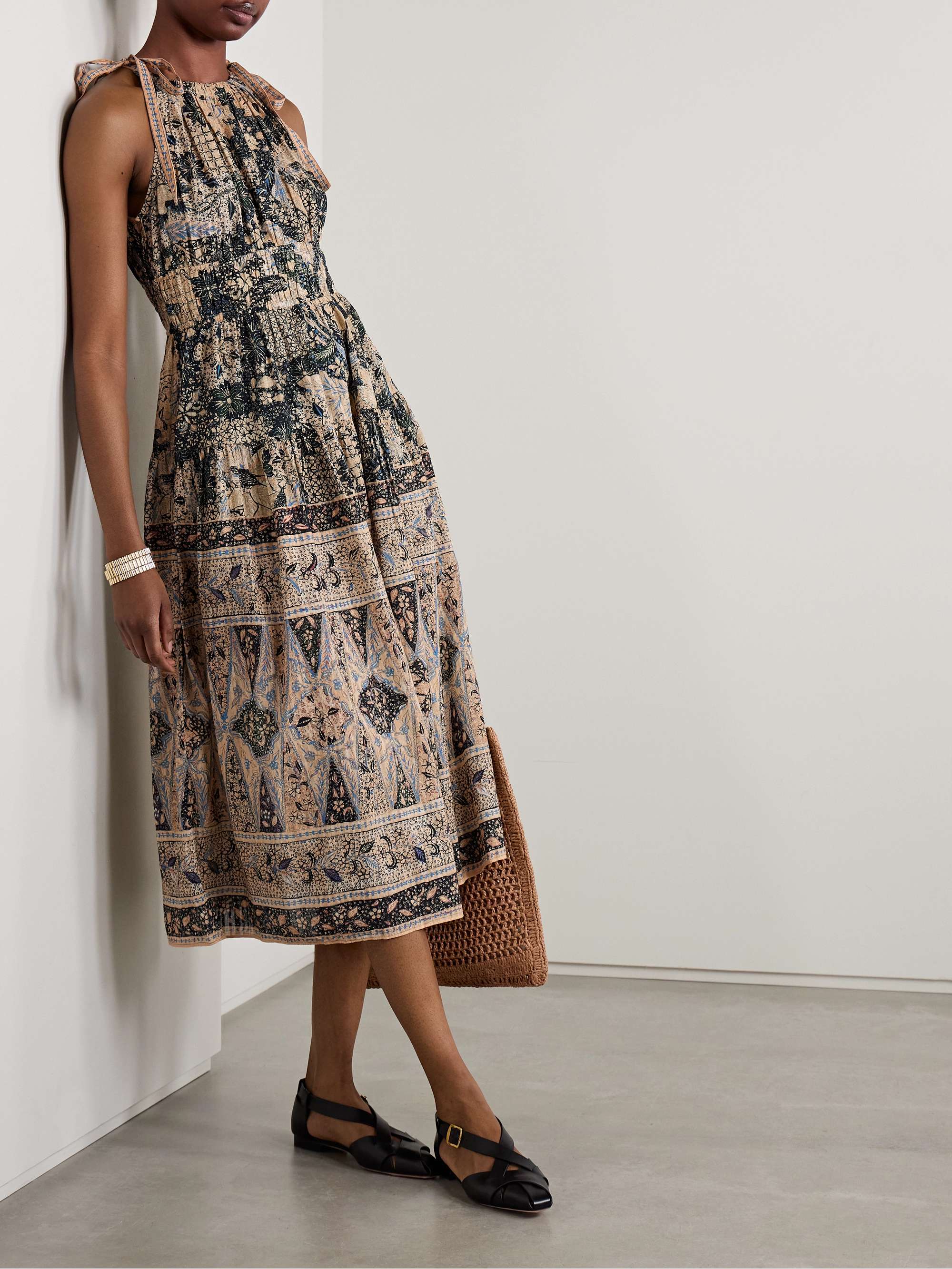 Essie smocked tiered printed cotton-blend voile midi dress view