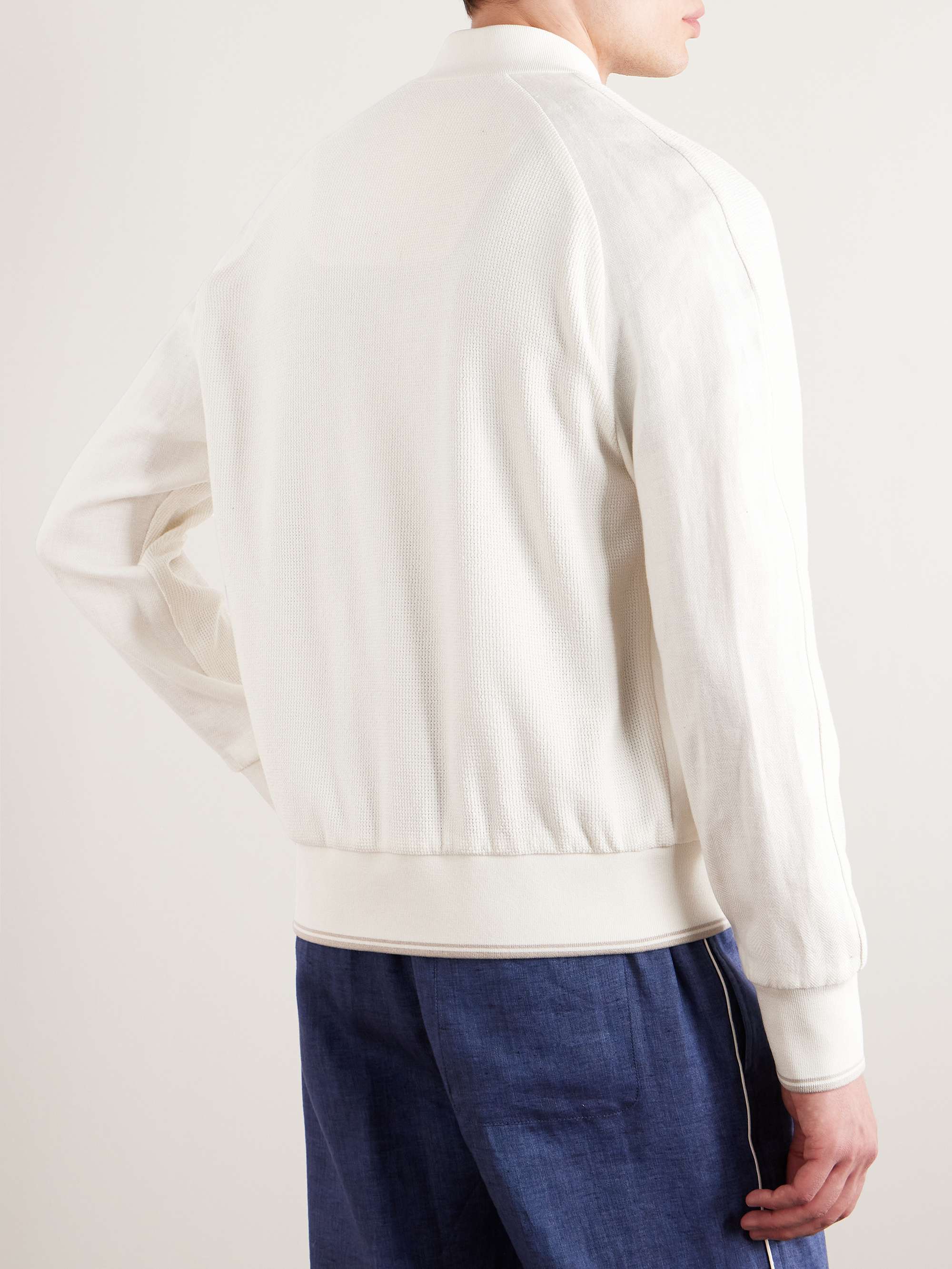 Panelled Herringbone and Waffle-Knit Linen and Silk Bomber Jacket view