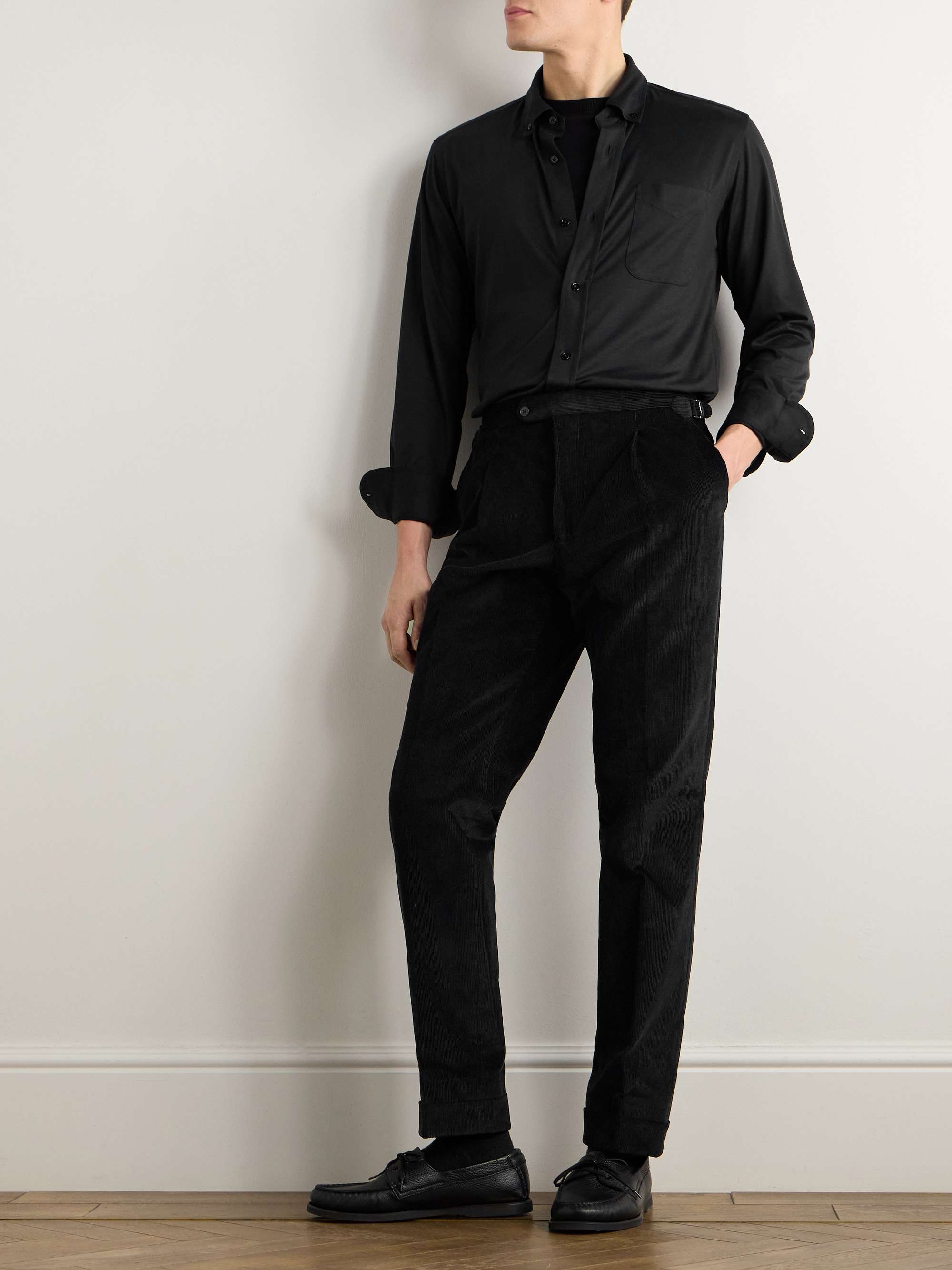Slim-Fit Pleated Cotton-Corduroy Trousers view