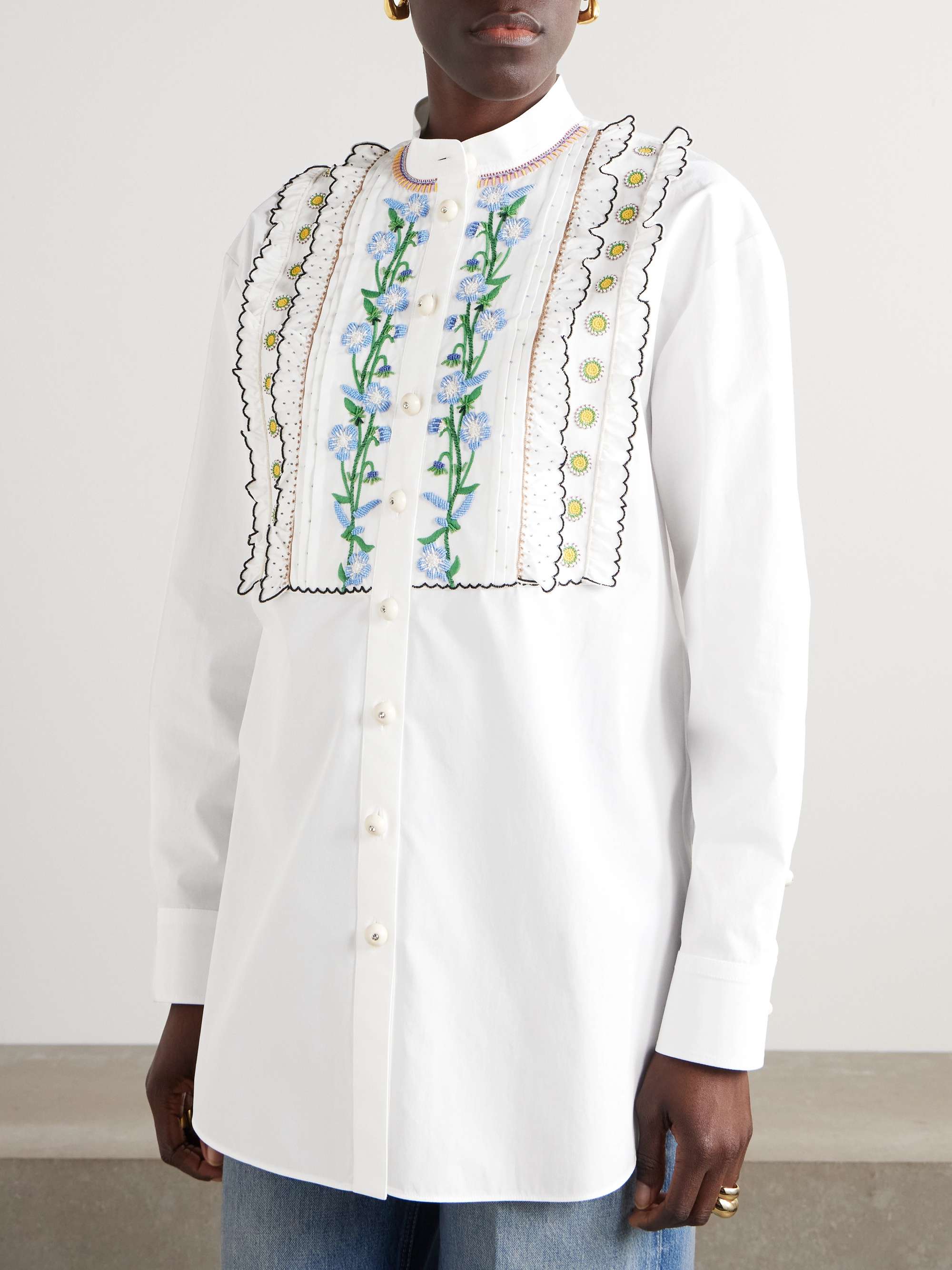 Ruffled pleated embellished cotton-poplin shirt view