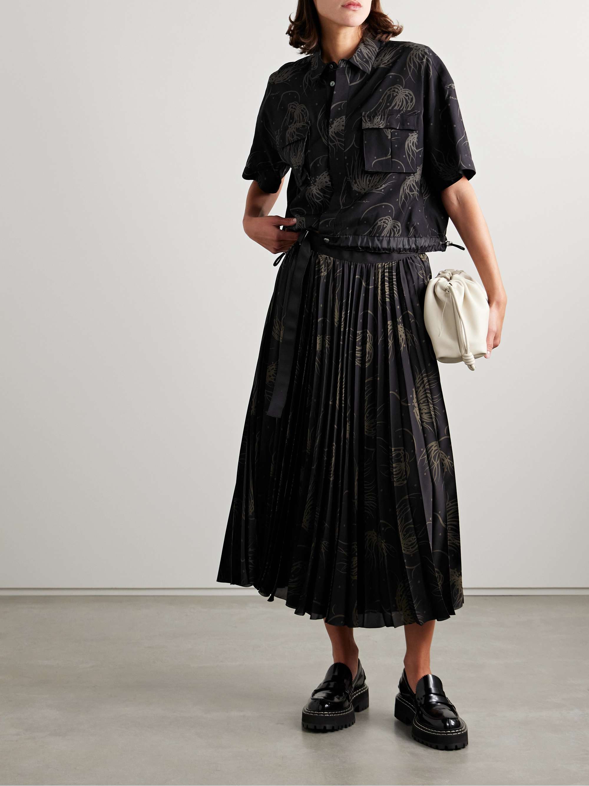 Wrap-effect pleated printed satin midi skirt view
