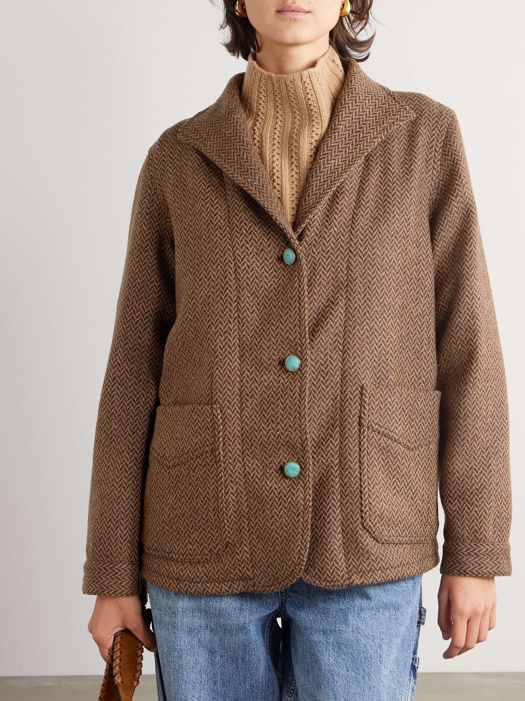 Turquoise-embellished herringbone wool-blend tweed jacket view