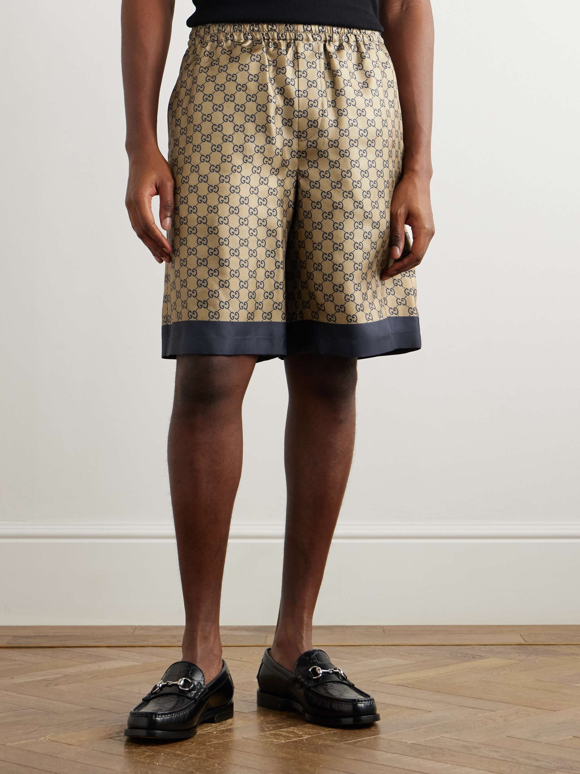 Wide-Leg Logo-Print Silk Shorts view