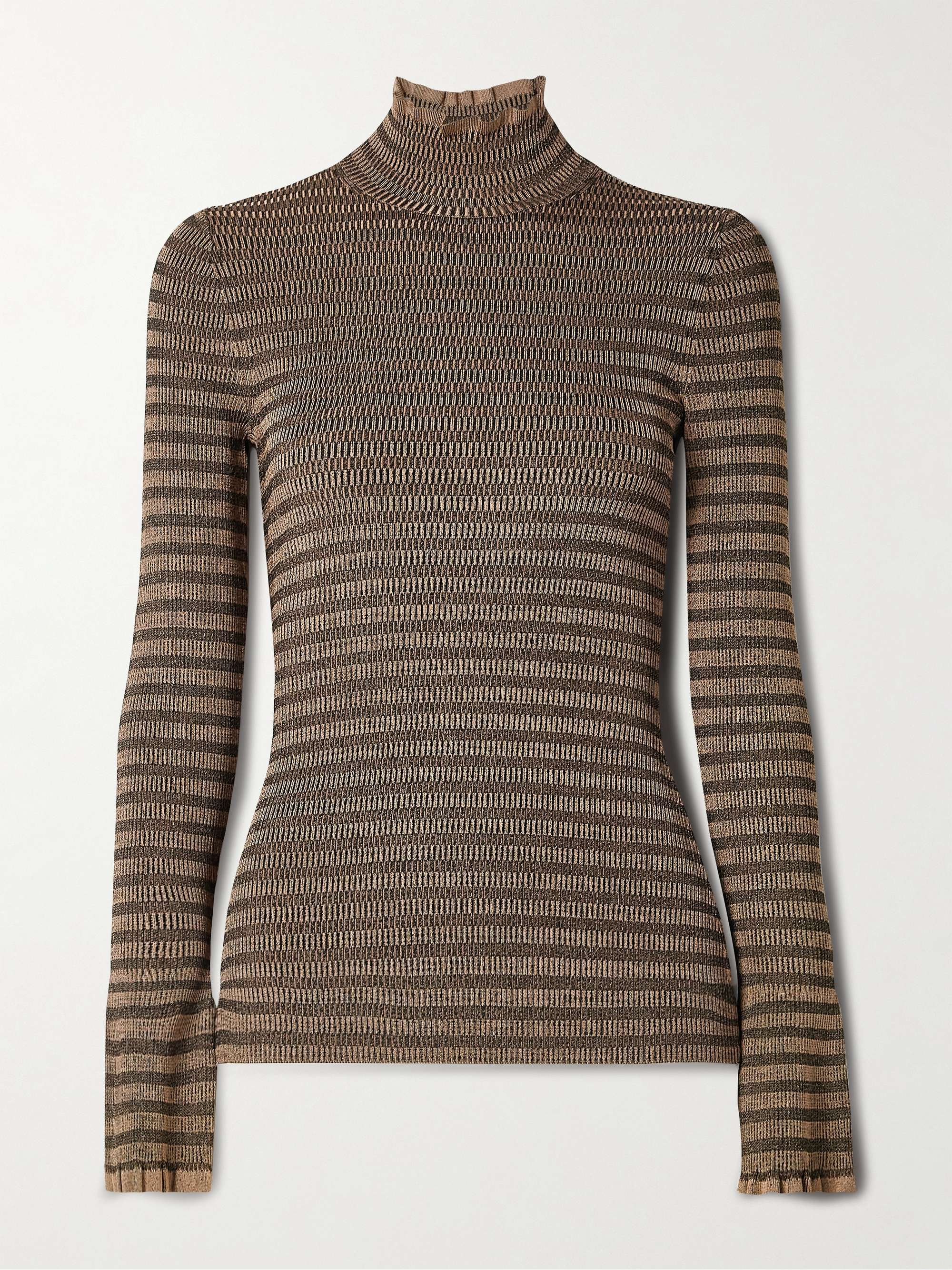 Phyllis ruffled striped ribbed-knit turtleneck sweater view