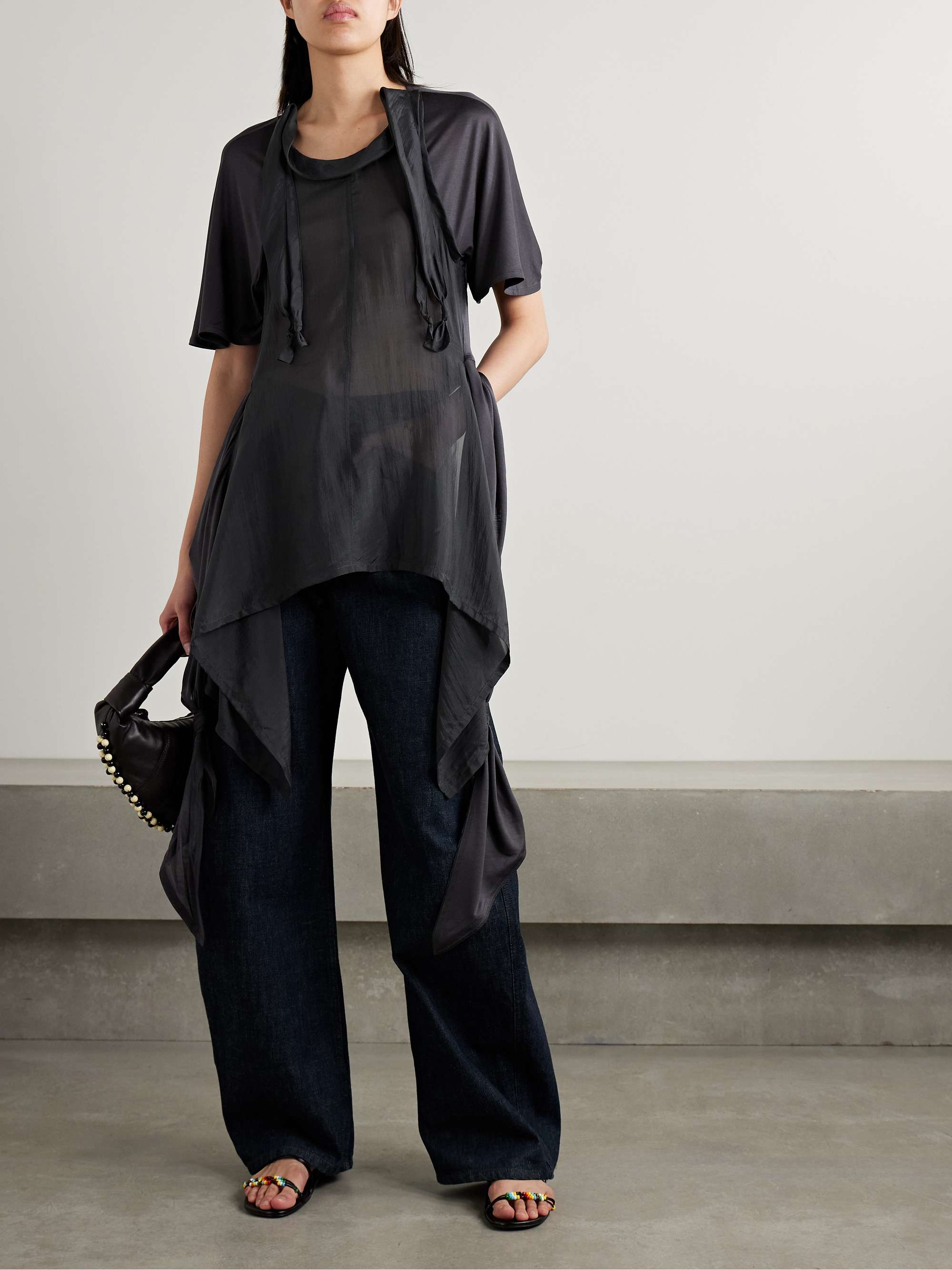 Draped convertible paneled organic silk-chiffon and silk-jersey top view