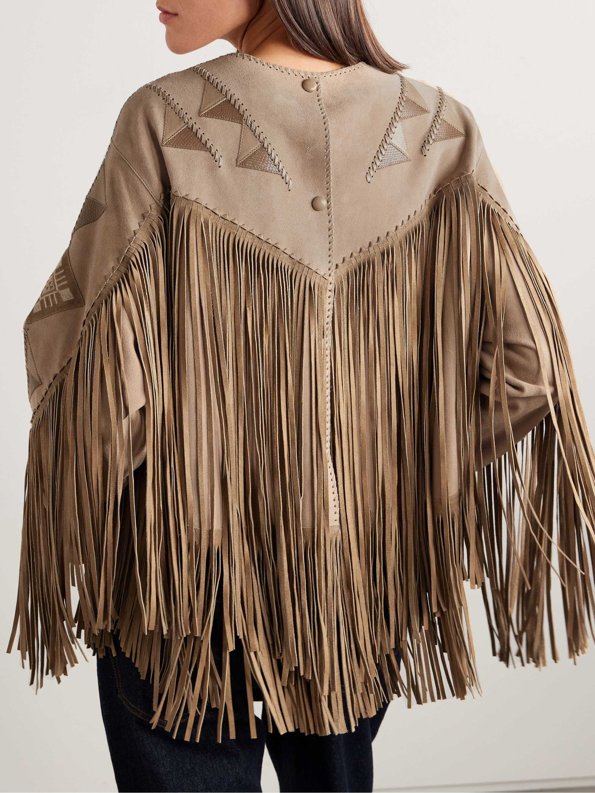 Dolci fringed leather-trimmed embroidered suede top view