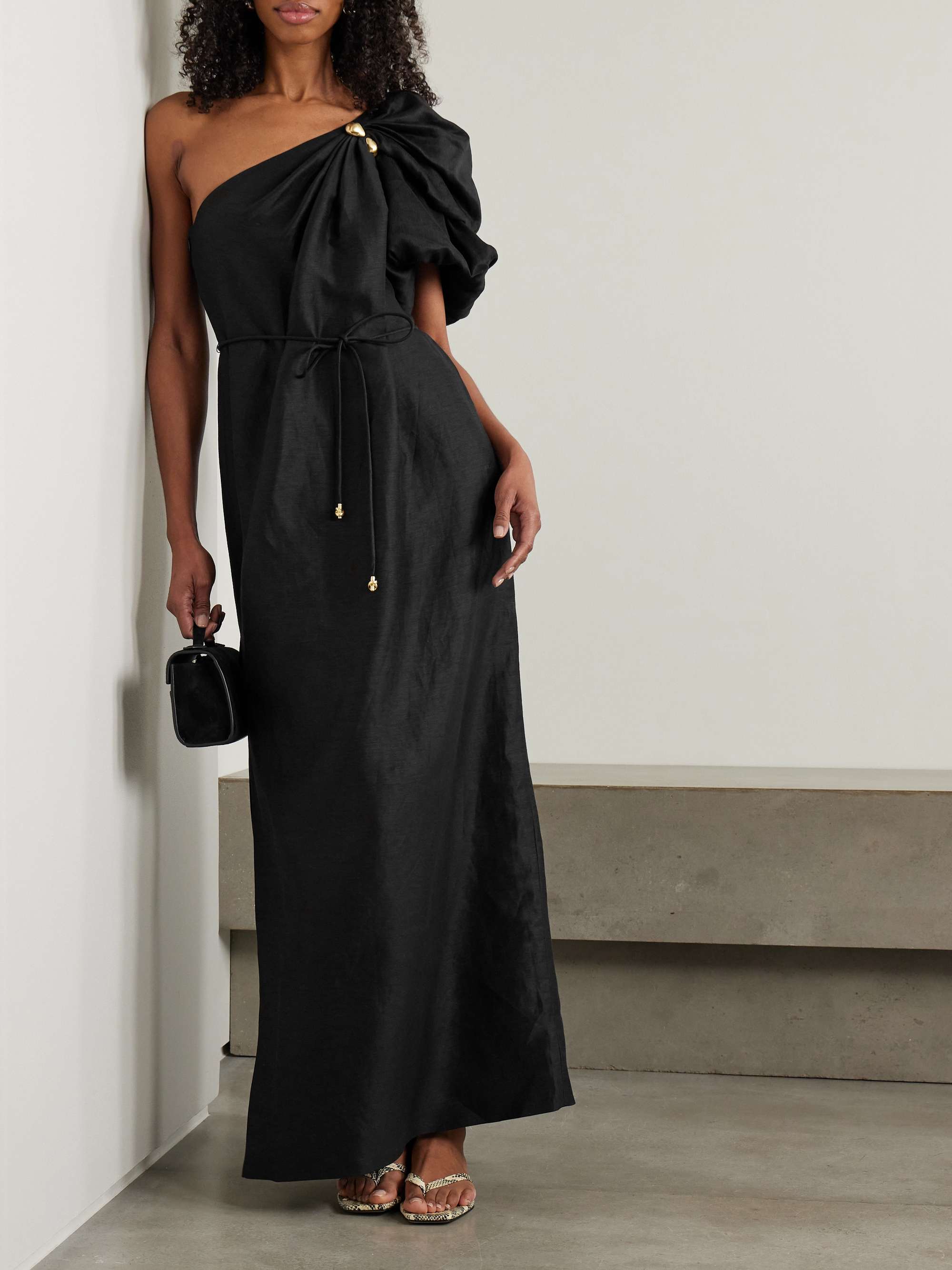 Cira one-shoulder embellished draped linen-blend maxi dress view