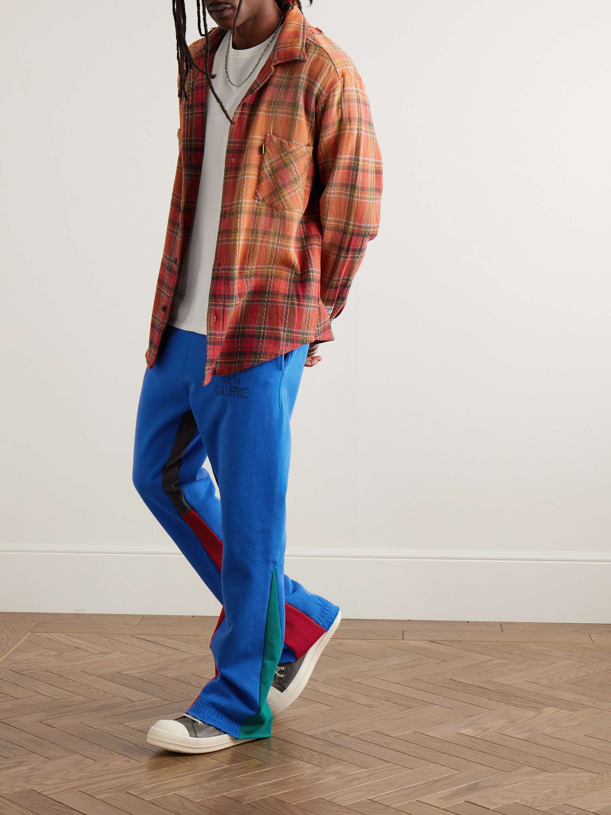 Flared Denim-Panelled Logo-Print Cotton-Jersey Sweatpants view