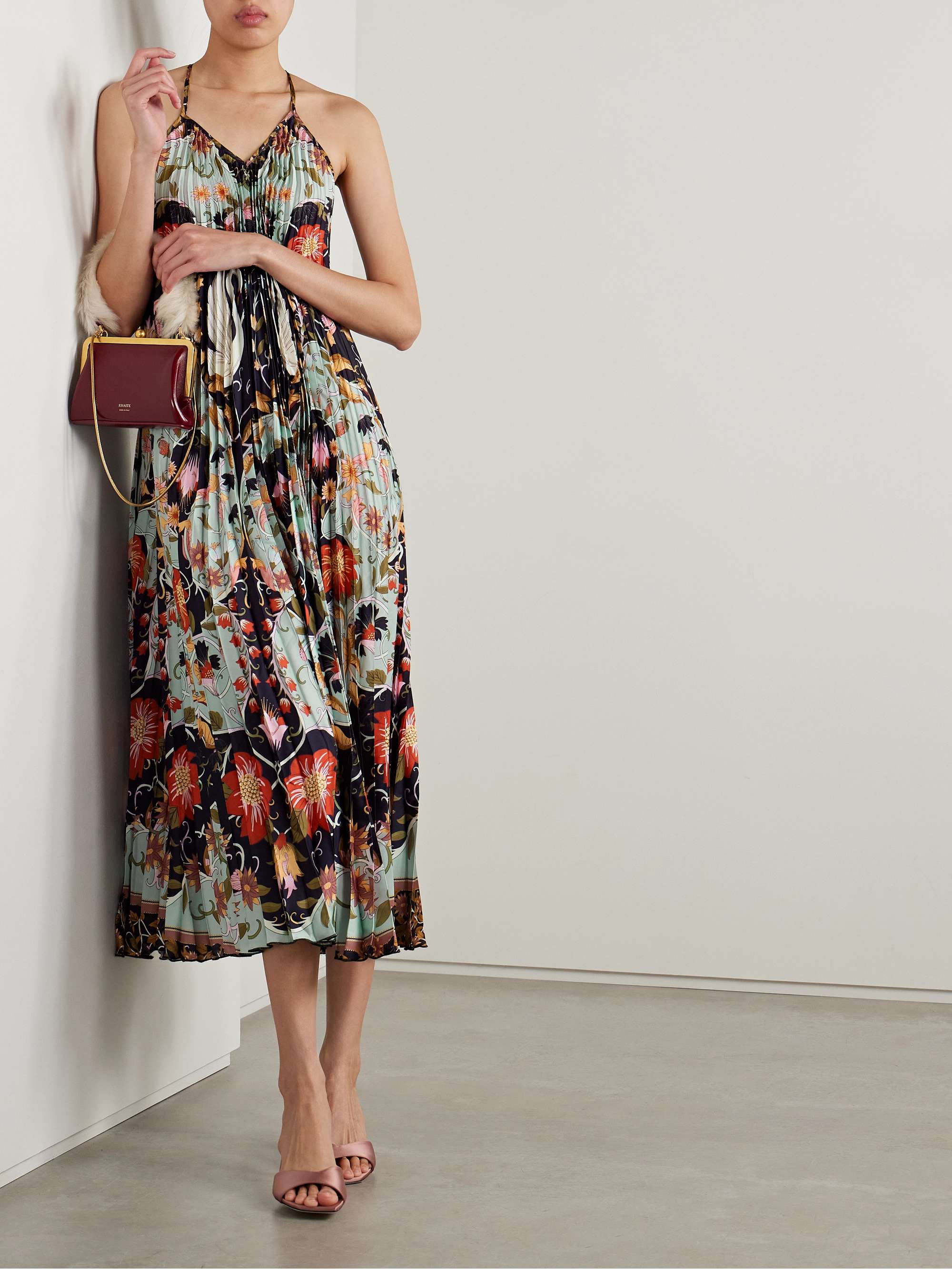 Floral-print plissé-satin midi dress view