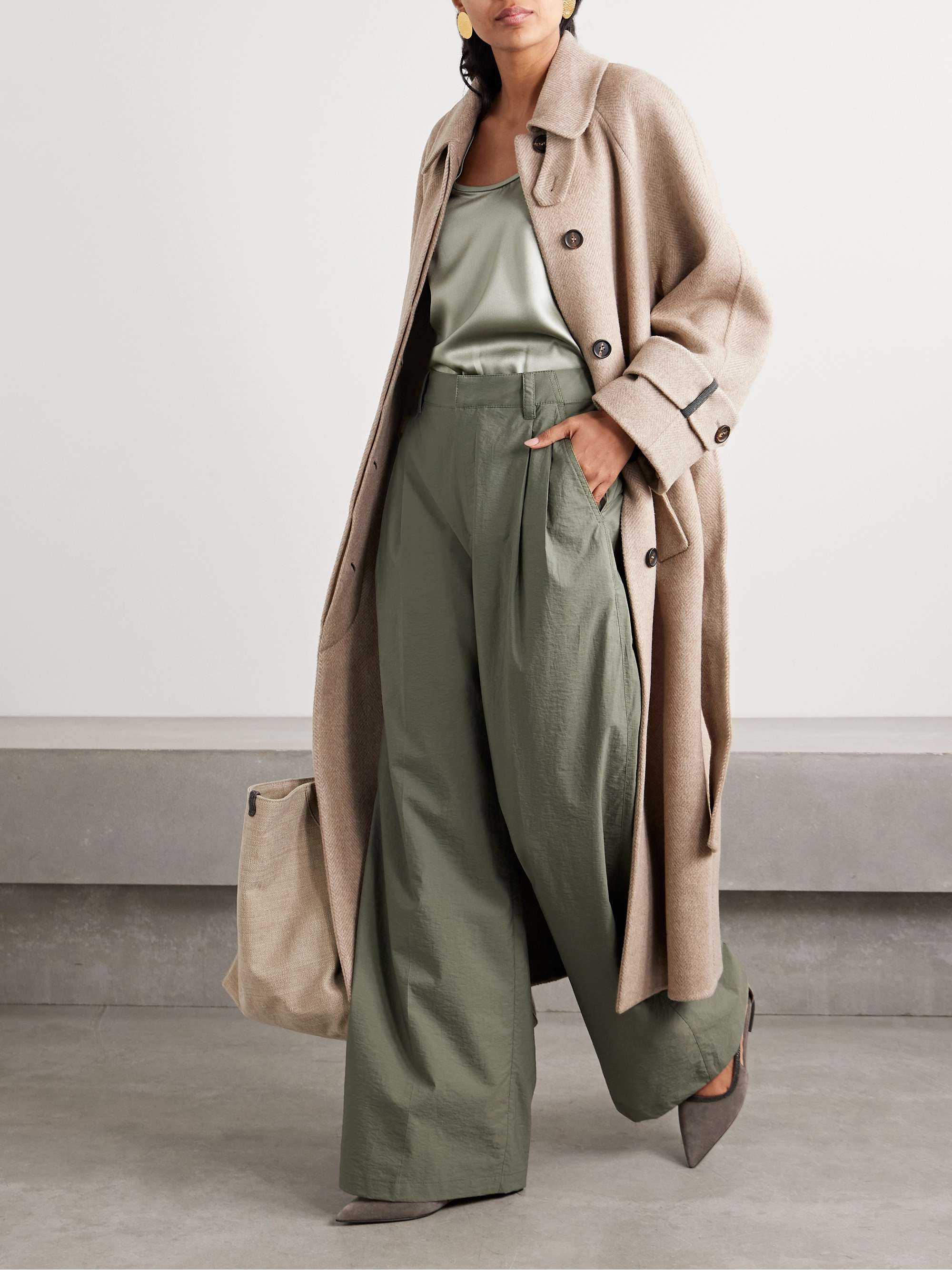 Pleated cotton-blend shell wide-leg pants view