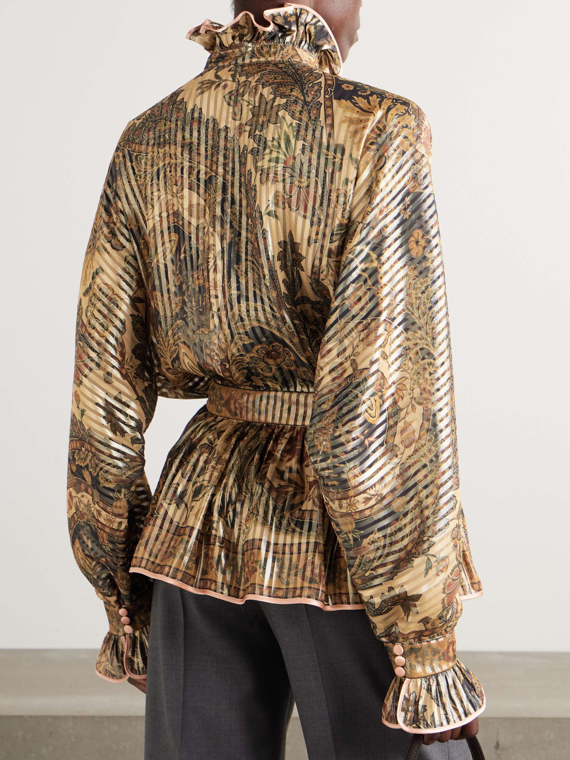 Satin-trimmed cutout ruffled metallic printed silk-blend chiffon blouse view
