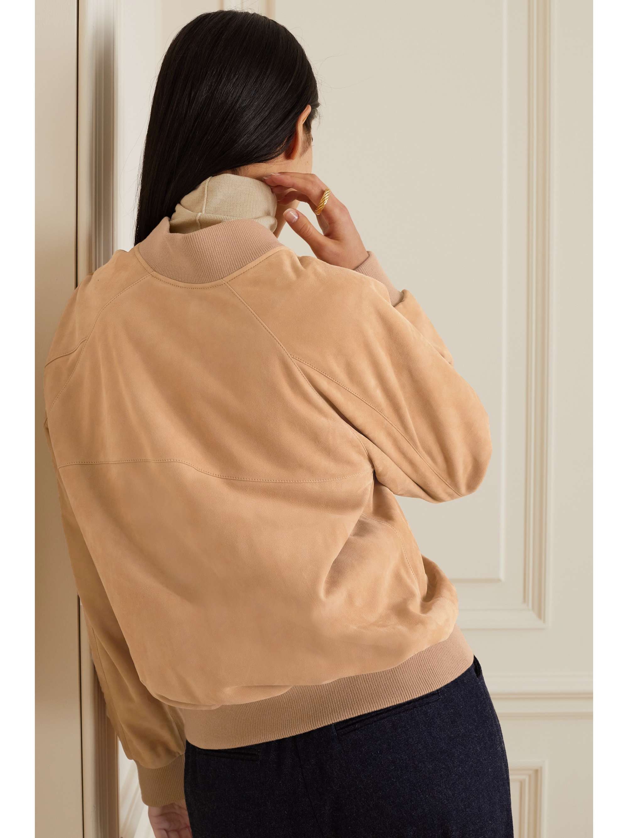 Ribbed cashmere-trimmed suede bomber jacket view