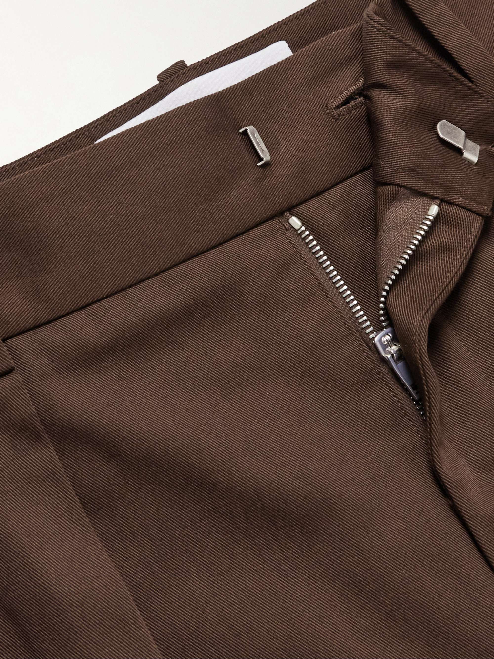 Straight-Leg Pleated Leather-Trimmed Cotton-Twill Trousers view