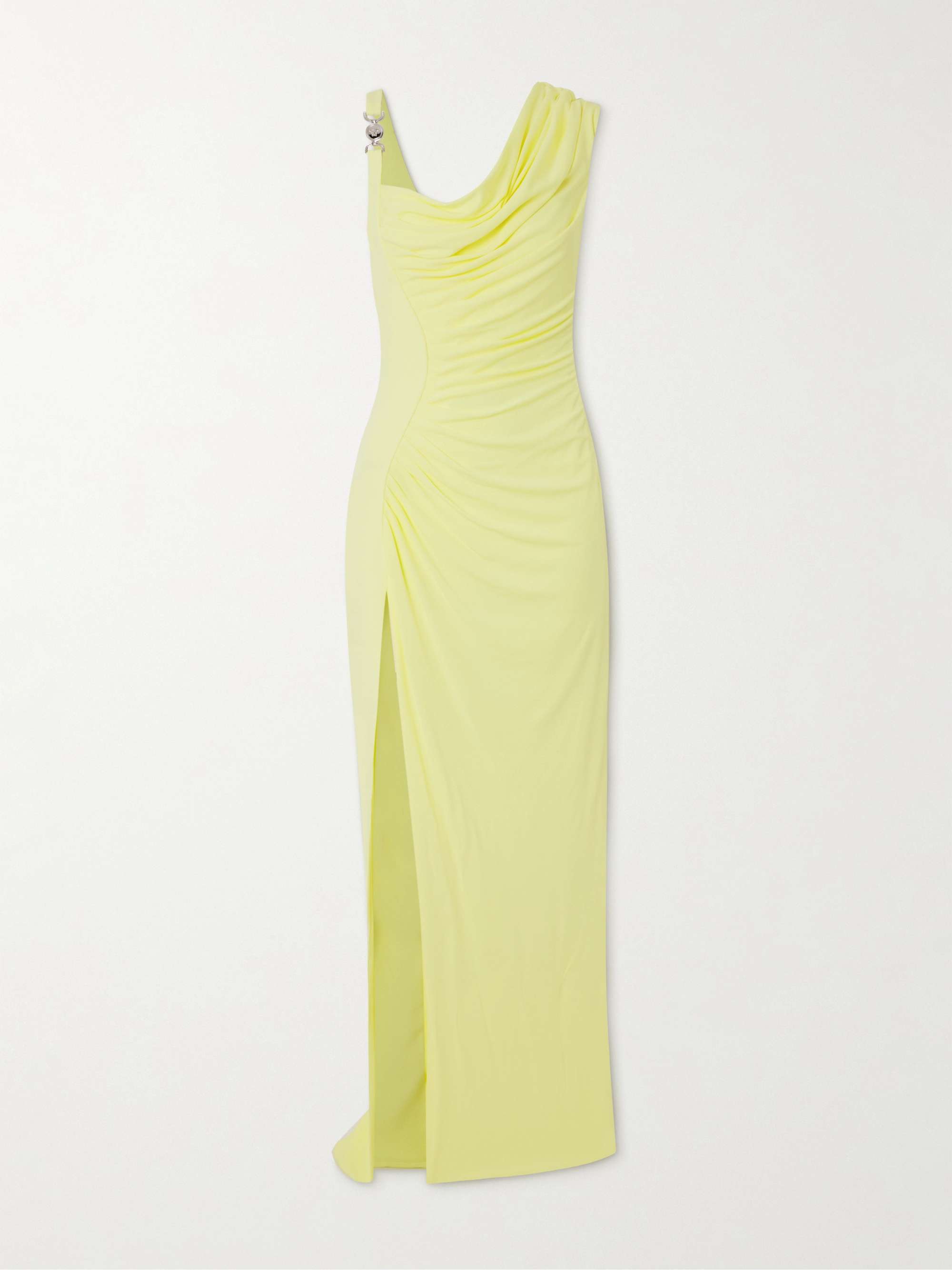 Ruched embellished asymmetric crepe gown view
