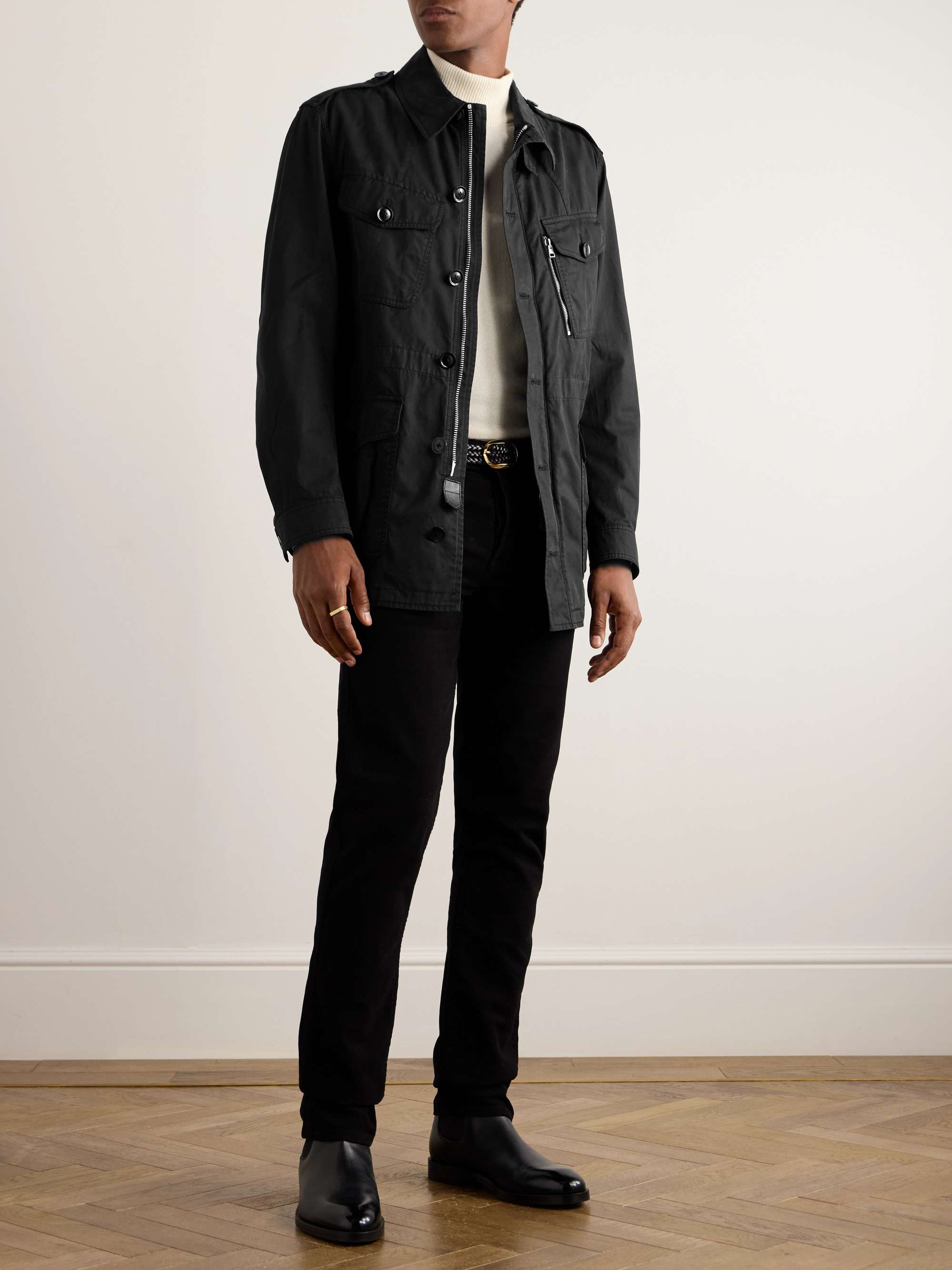 Leather-Trimmed Cotton-Twill Field Jacket view