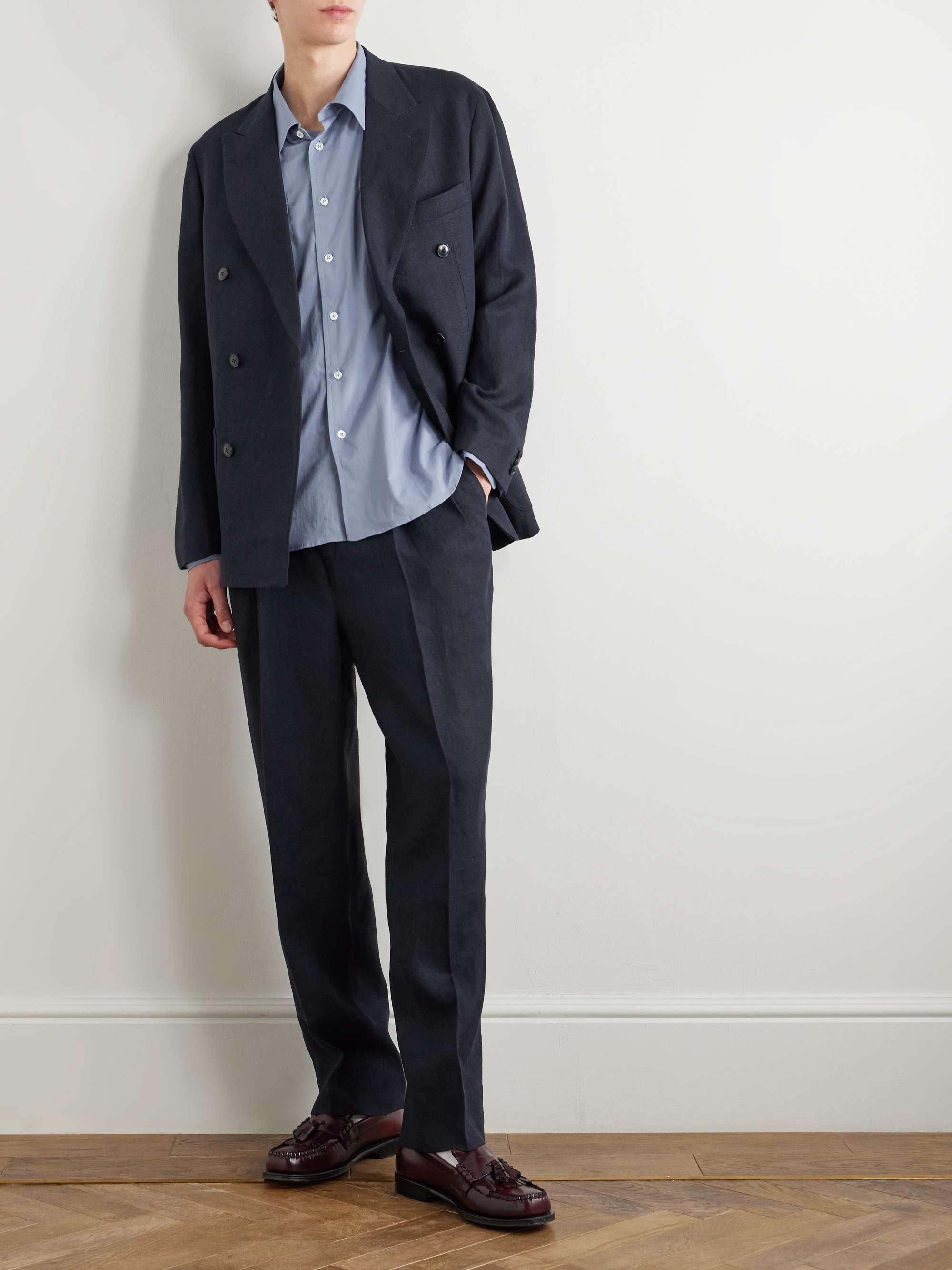 Shoecut Slacks Straight-Leg Pleated Linen and Silk-Blend Suit Trousers view