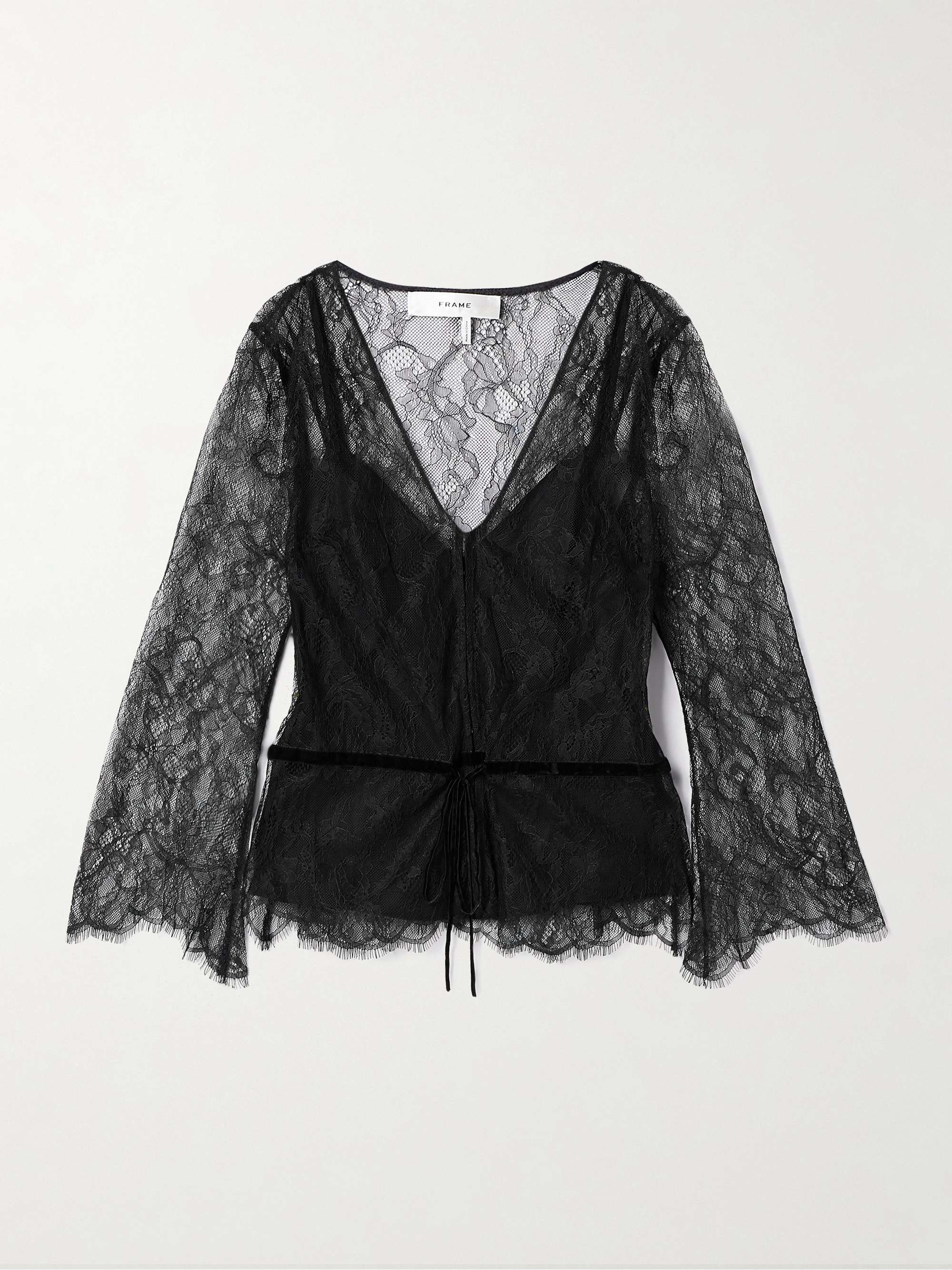 Tie-detailed velvet-trimmed lace blouse view